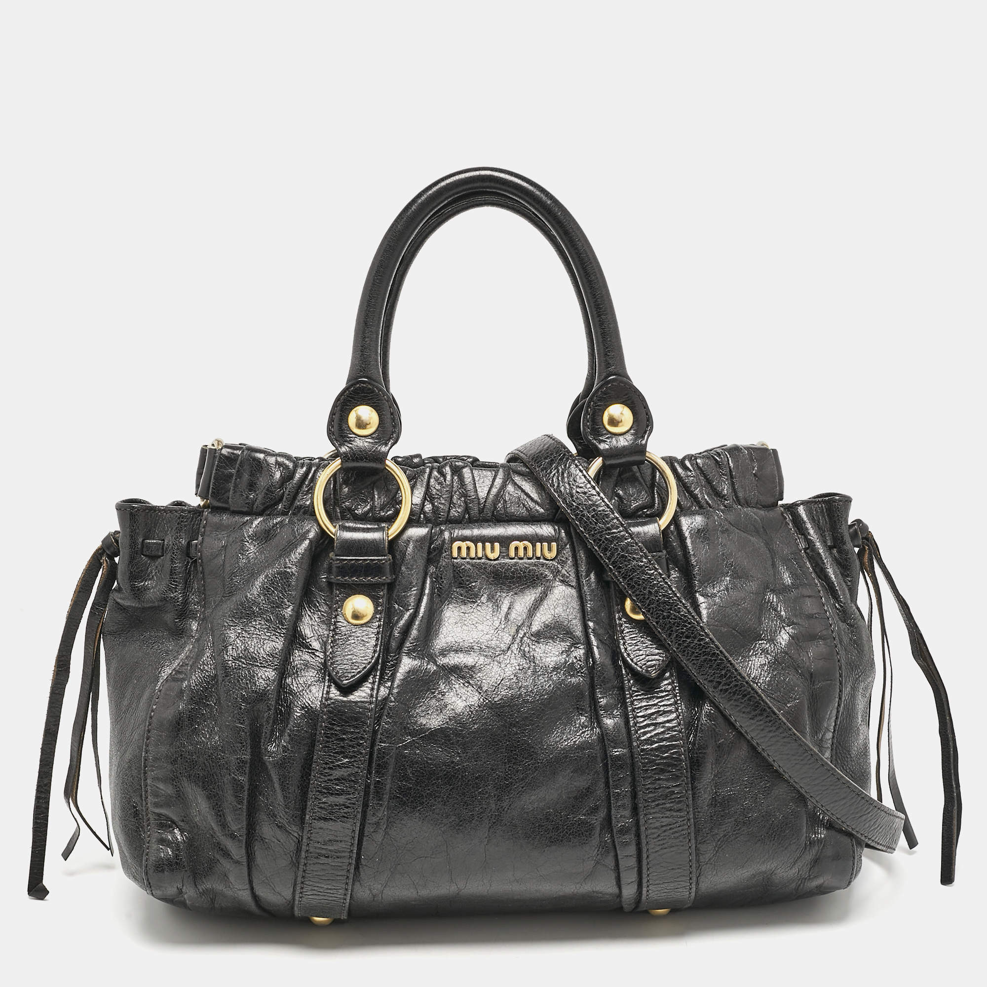 Miu Miu Black Vitello Lux Leather Ruched Tote 