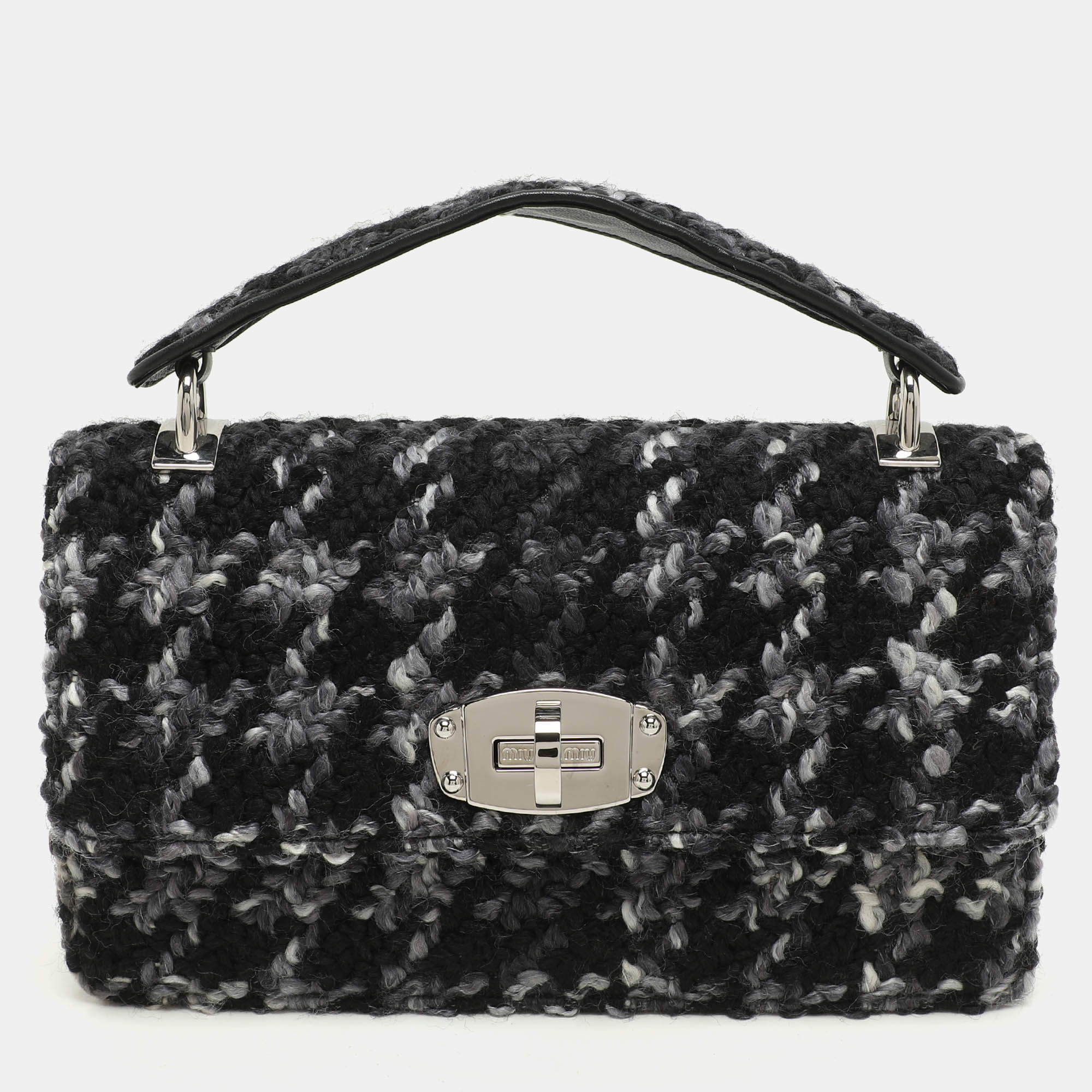 Pre Owned Miu Miu Grey Wool Blend and Leather Top Handle Bag