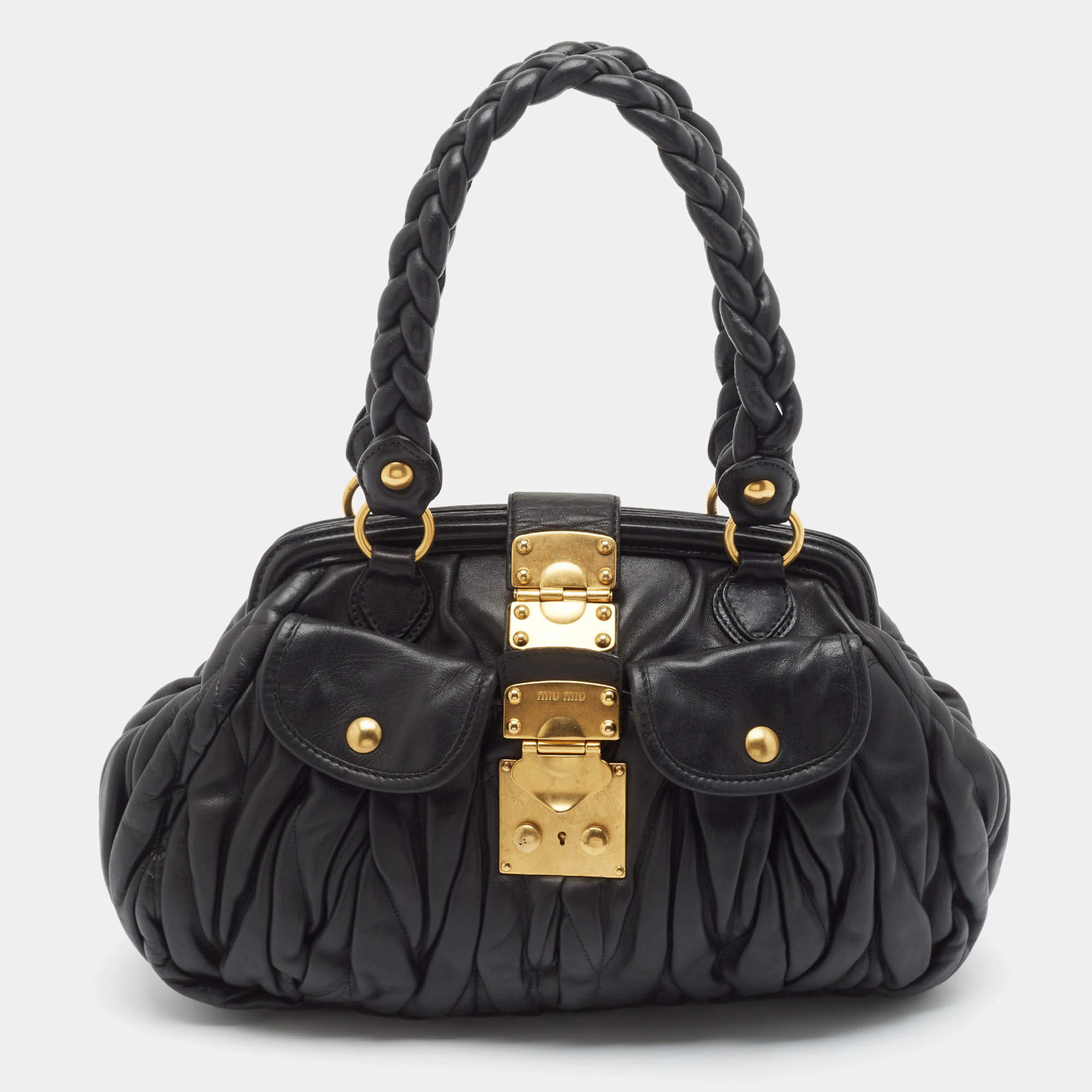 Miu Miu Black Matelassé Leather Coffer Frame Satchel