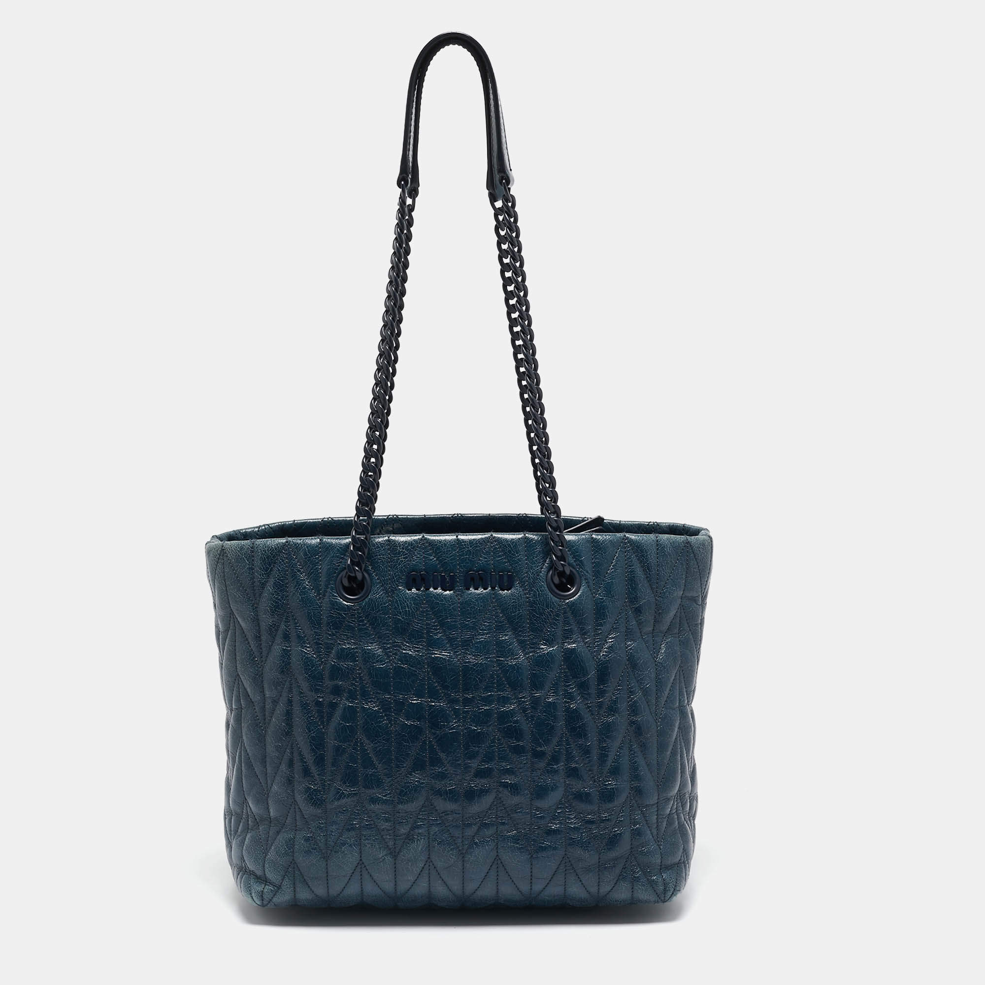 Pre Owned Miu Miu Blue Vitello Shine Matelassé Leather Chain Tote