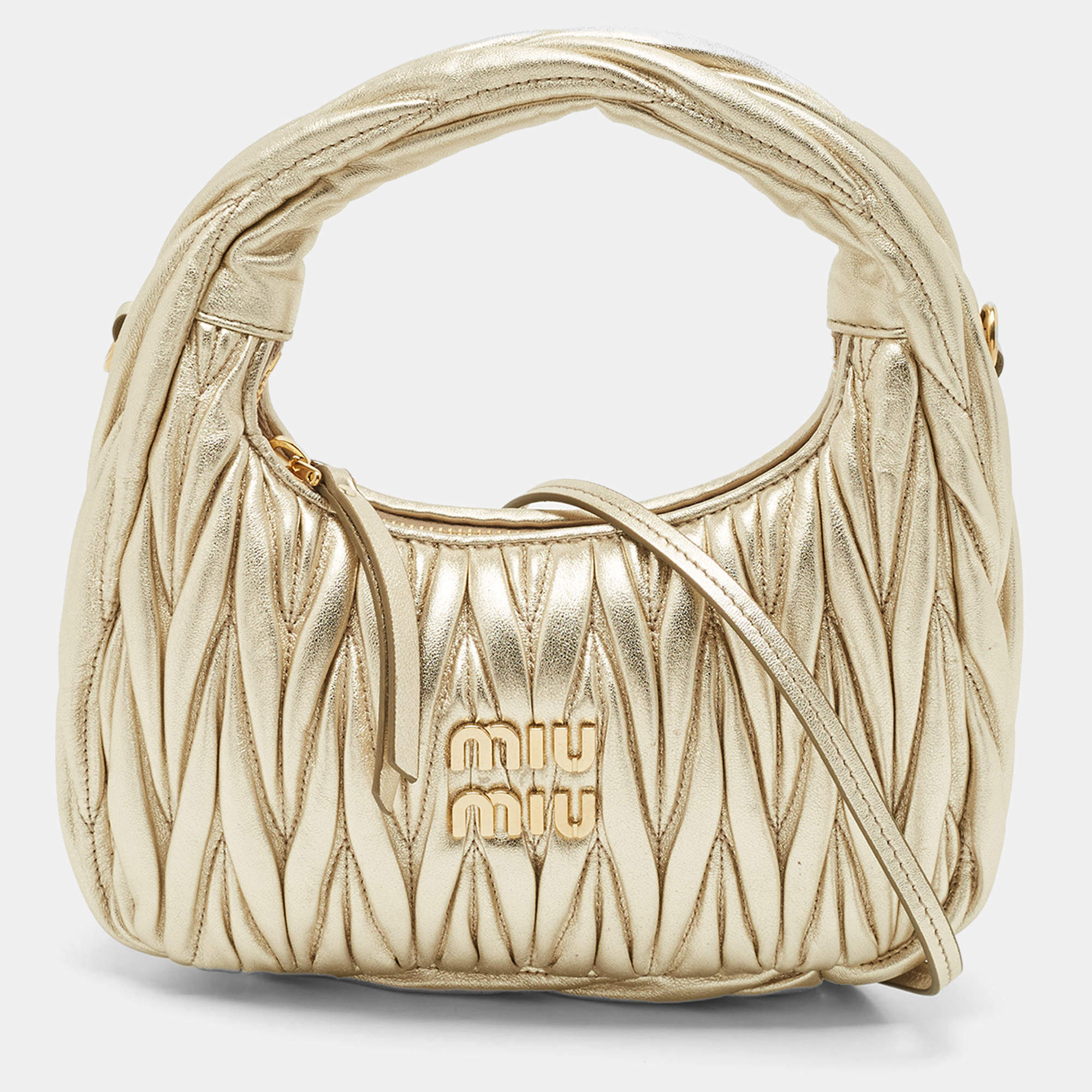Pre Owned Miu Miu Gold Matelassé Leather Small Wander Hobo
