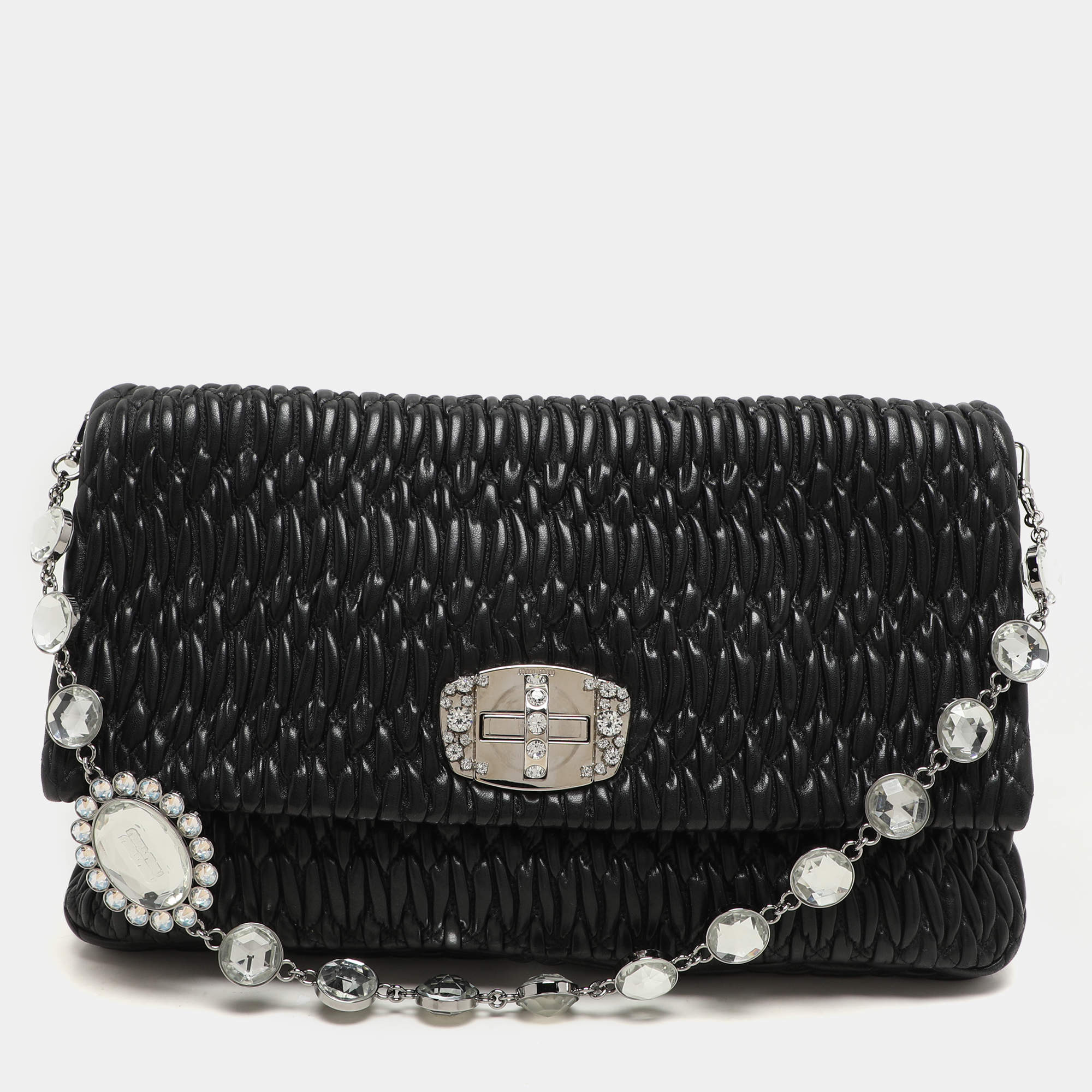 Pre Owned Miu Miu Black Matelassé Leather Crystals Chain Shoulder Bag