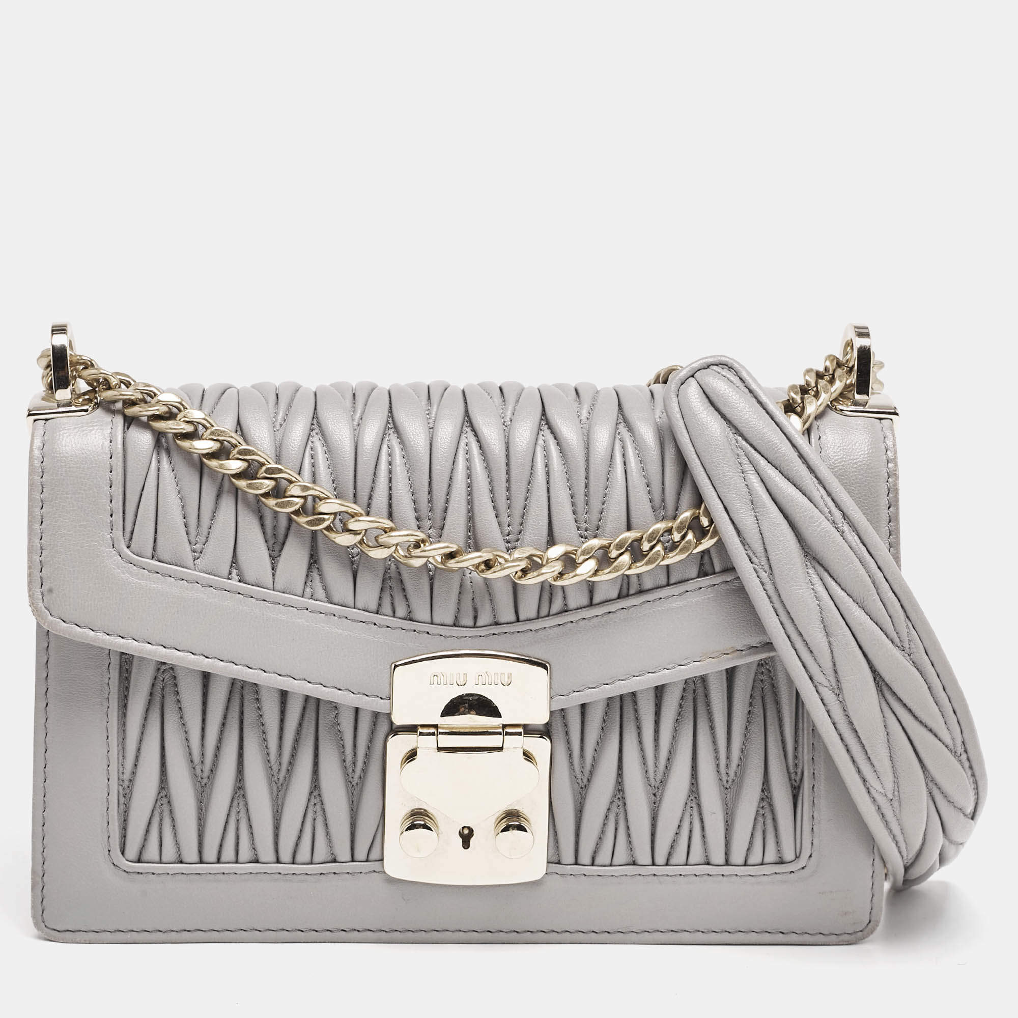 Miu Miu Grey Matelassé Leather Confidential Crossbody Bag