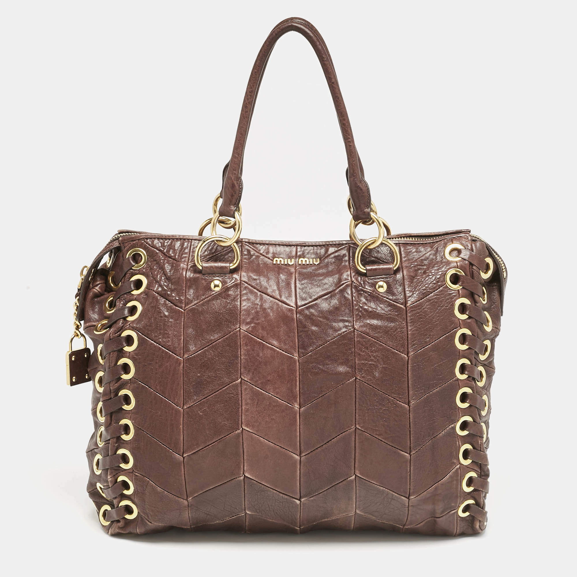 Miu Miu Brown Matelasse Leather Grommet Tote