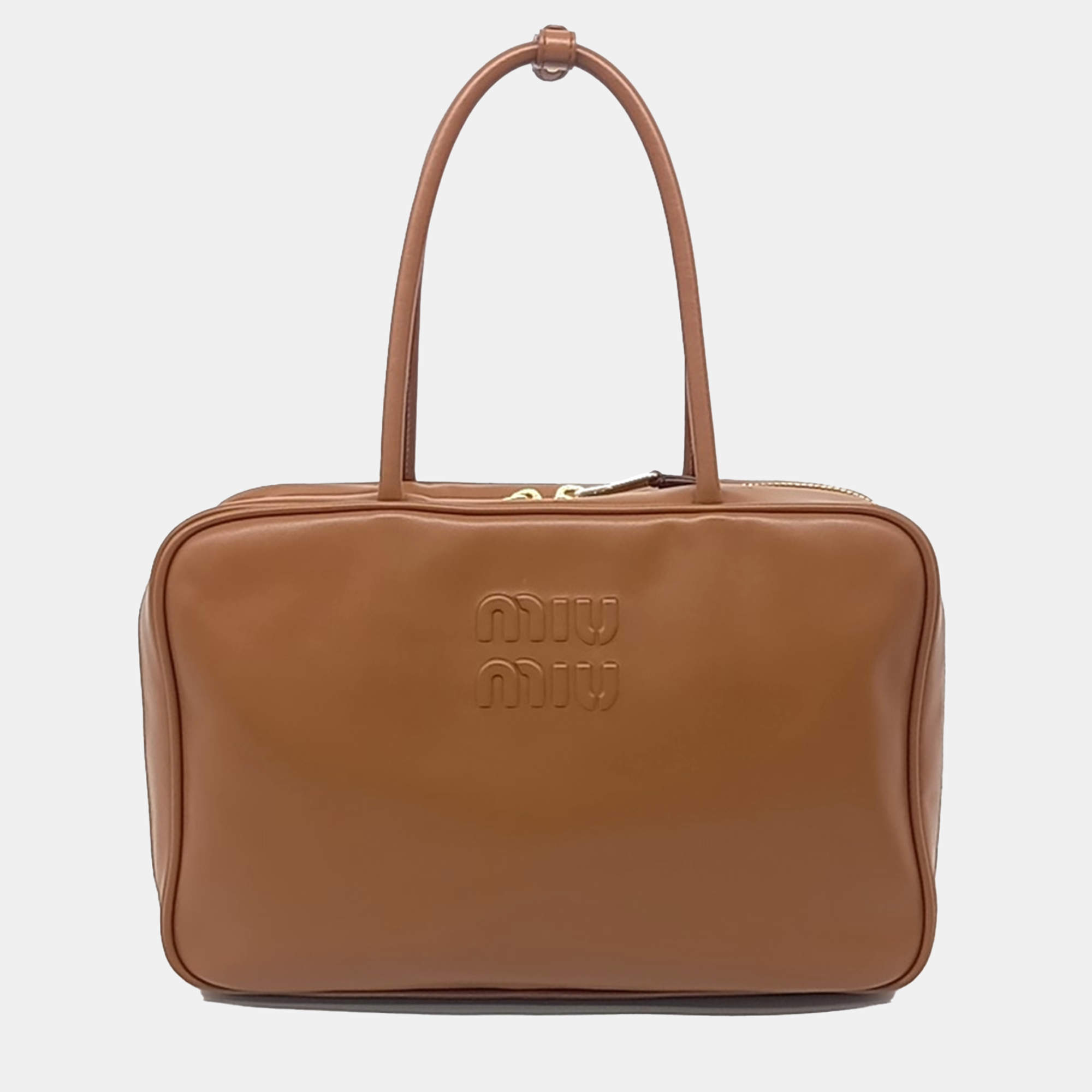 Miu Miu Brown Leather embossed logo bowling bag