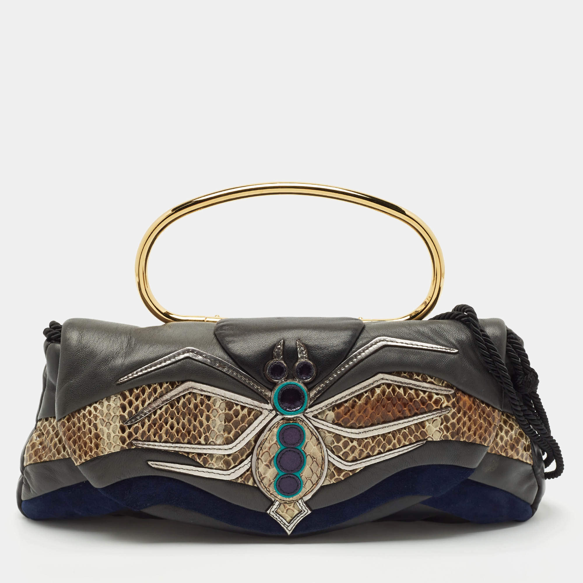 Miu Miu Dark Grey/Blue Leather, Suede and Python Spider Clutch Bag