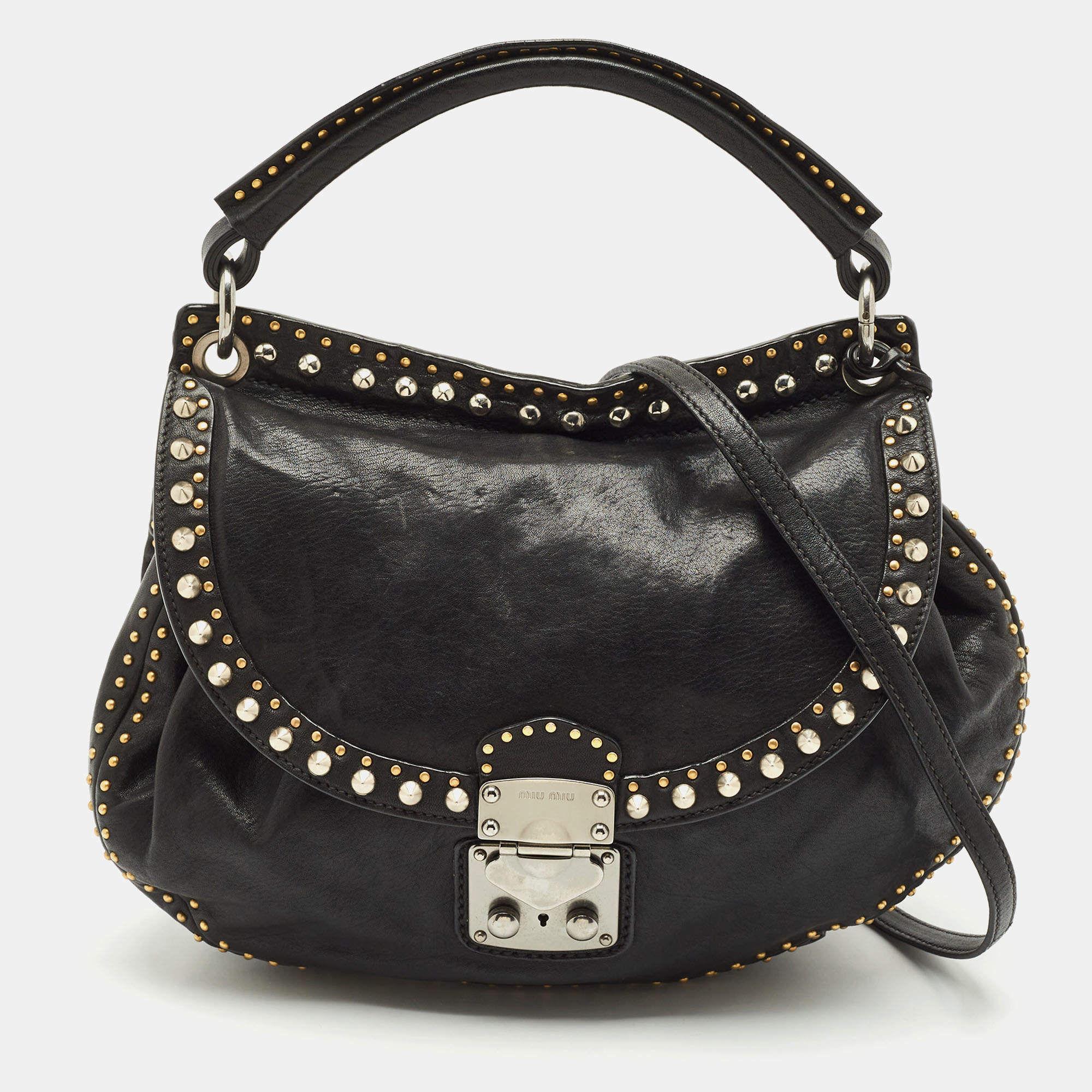 Miu Miu Black Leather Studded Top Handle Bag