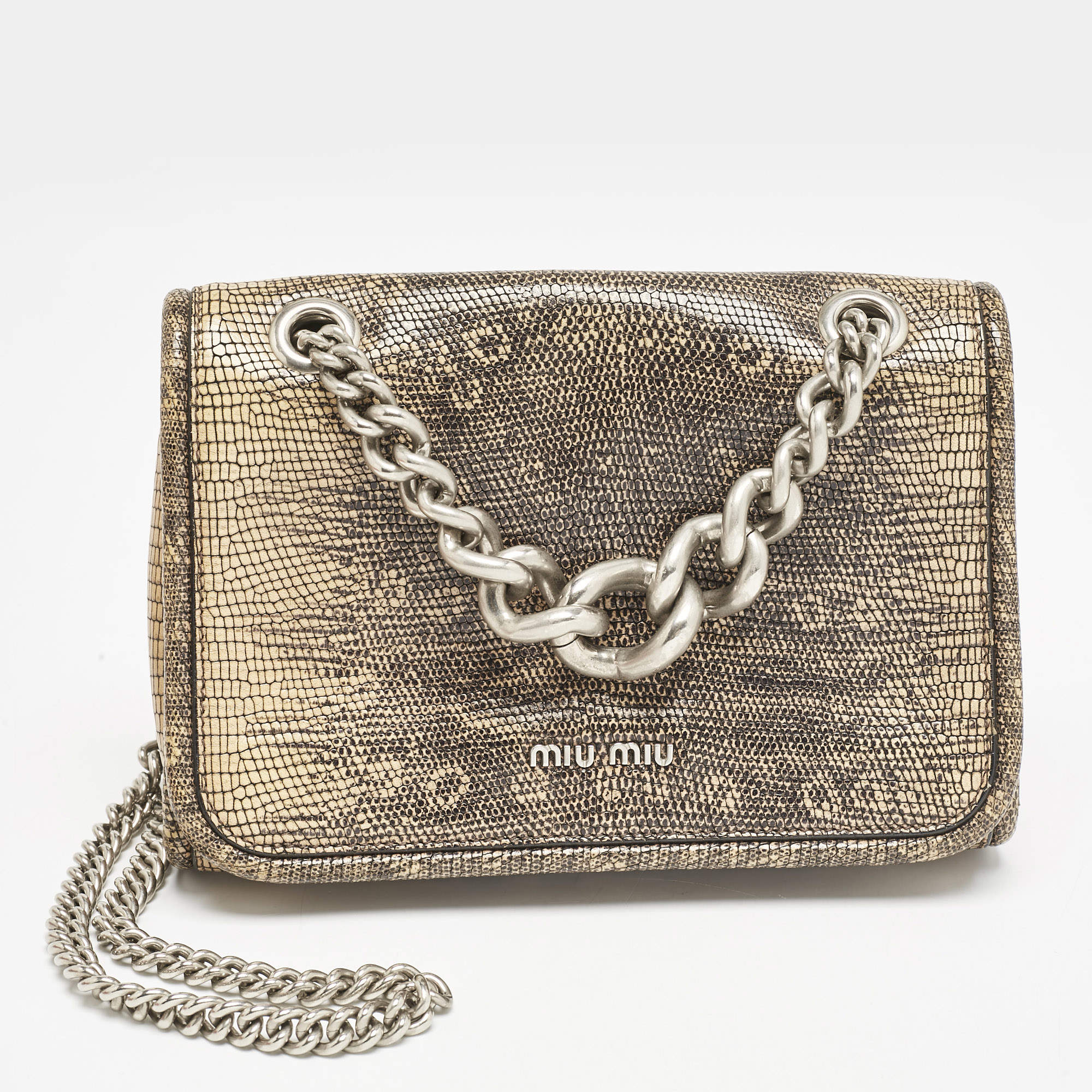 Miu Miu Beige/Black Lizard Embossed Leather Small Club Crossbody Bag