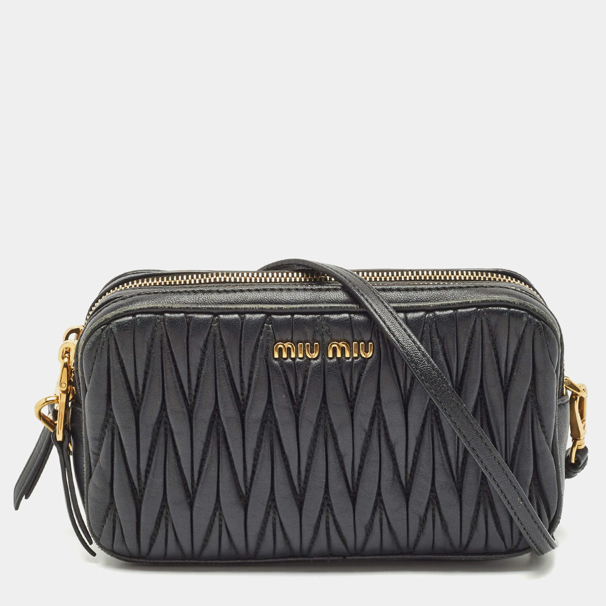 Pre Owned Miu Miu Black Matelassé Leather Double Zip Crossbody Bag