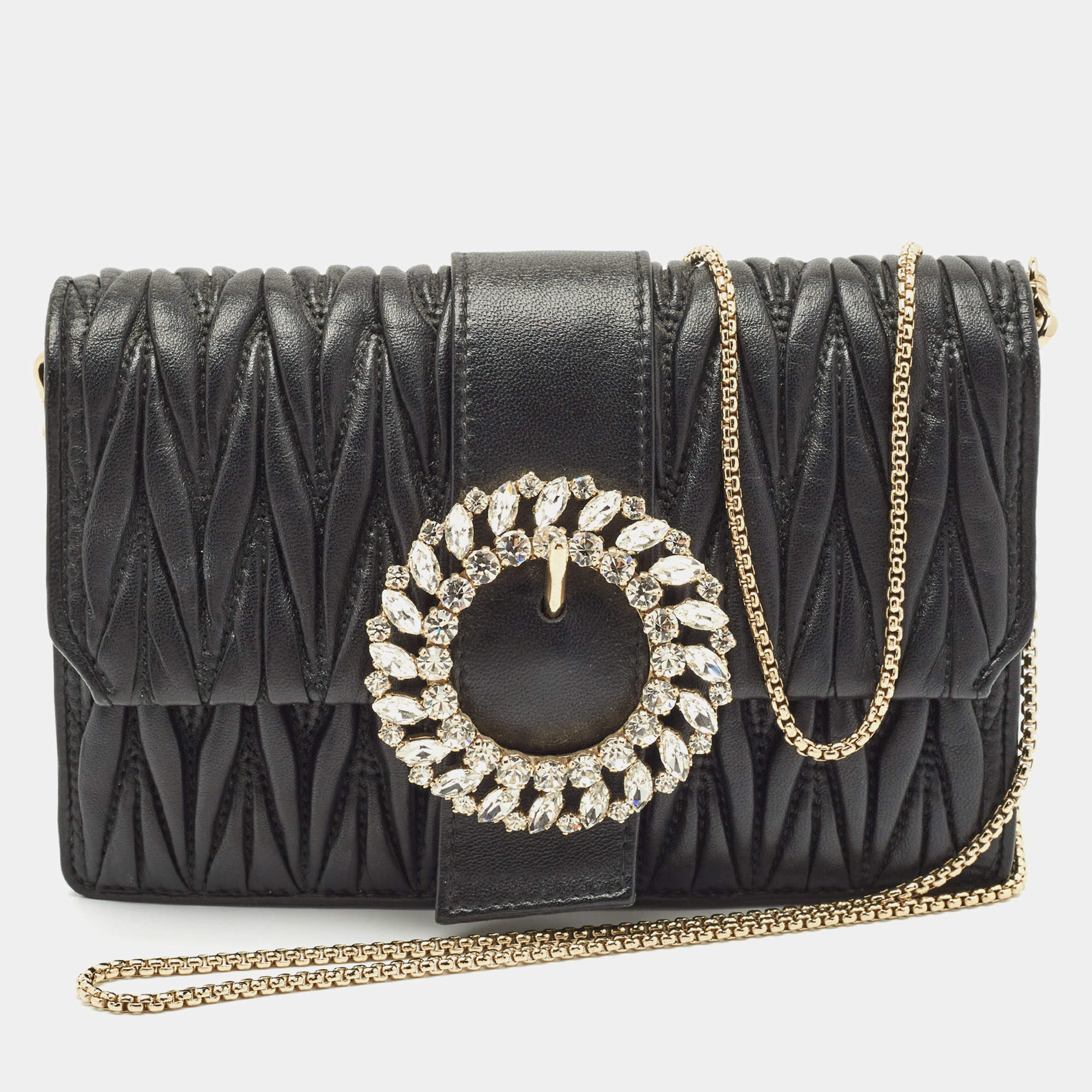Miu Miu Black Matelassé Leather Crystals Buckle Chain Clutch