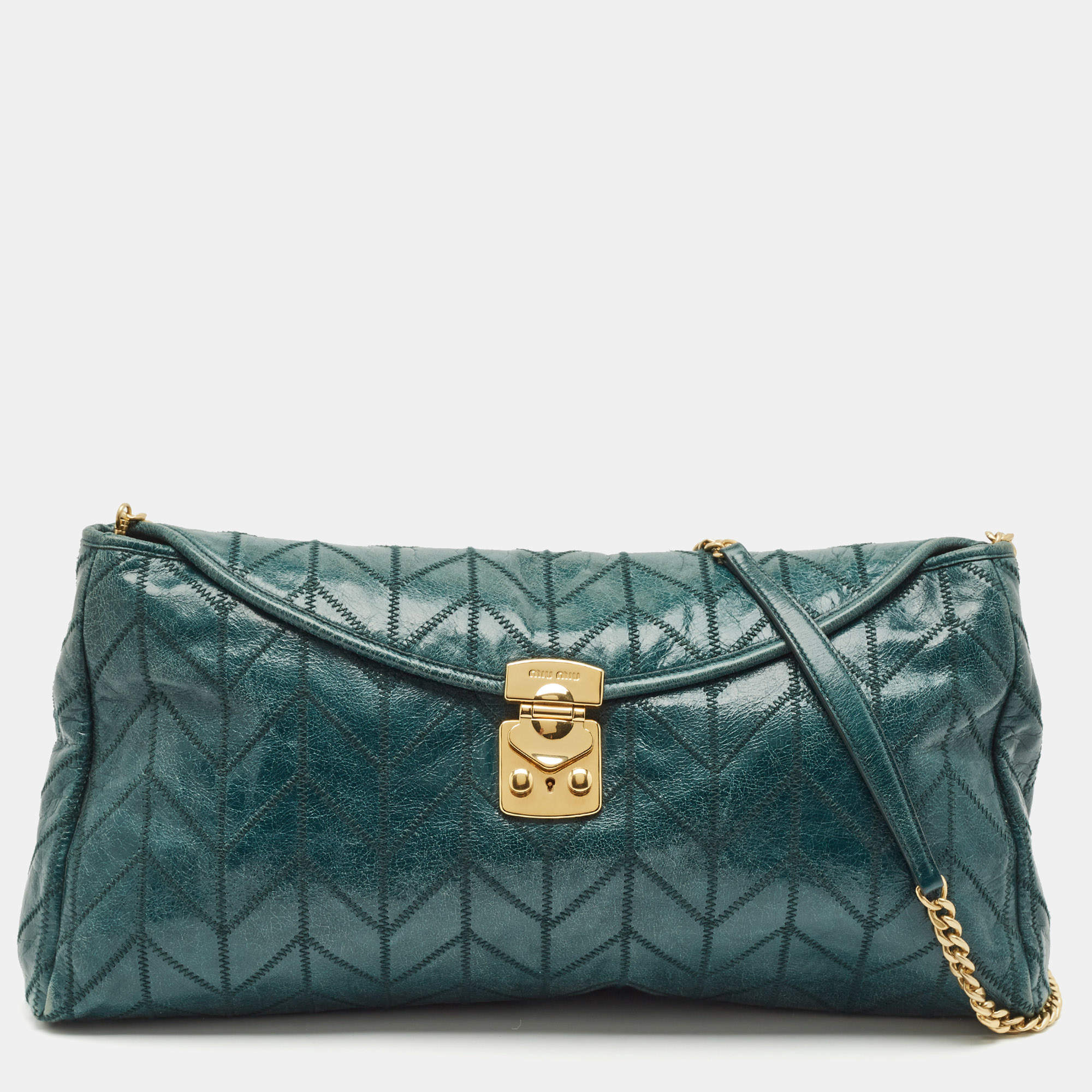 Miu Miu Green Vitello Shine Patchwork Leather Flap Chain Shoulder Bag