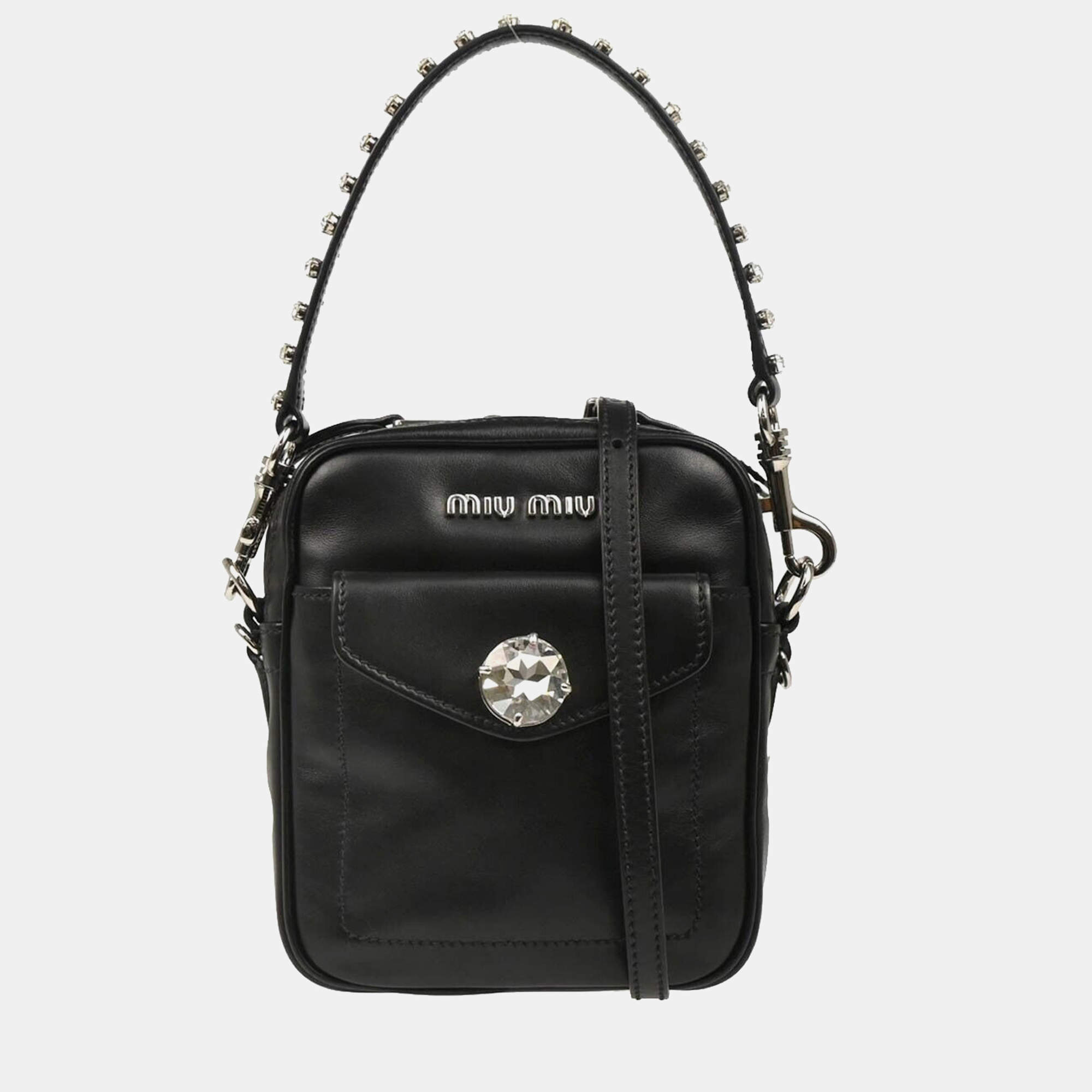Miu Miu Black Leather Embellished Crossbody Bag