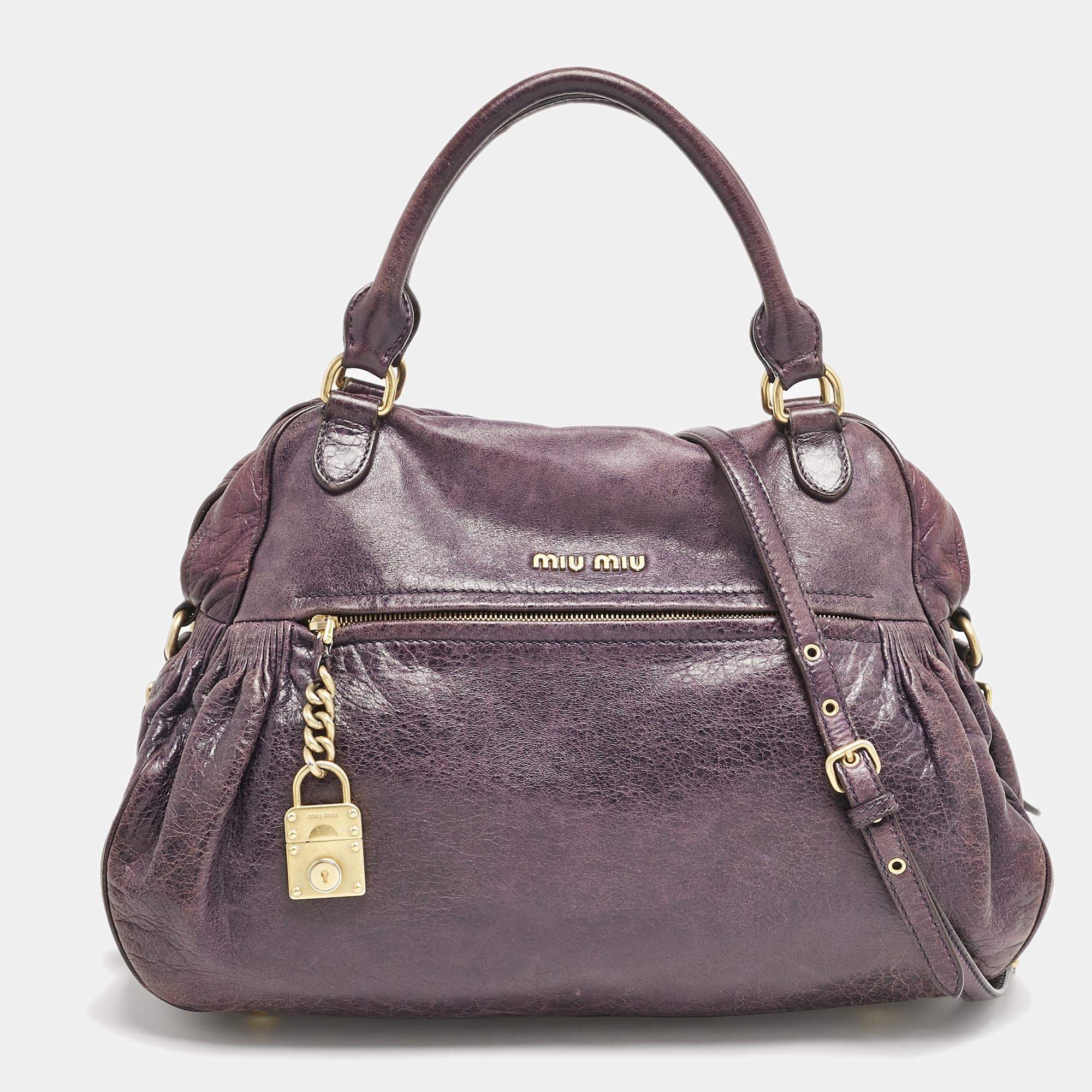 Pre Owned Miu Miu Purple Distressed Leather Charm Satchel