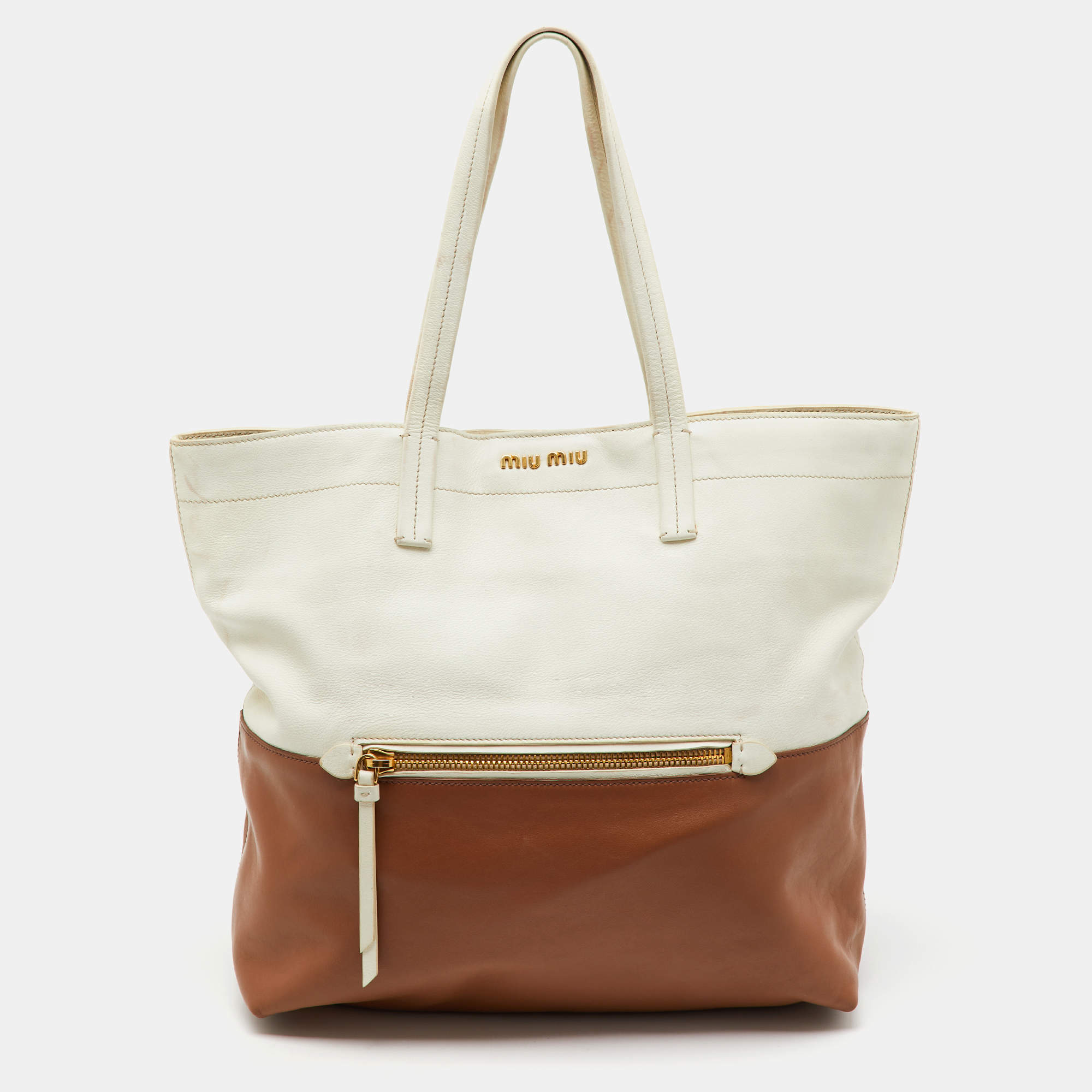 Pre Owned Miu Miu Brown/Cream Leather Shopper Tote