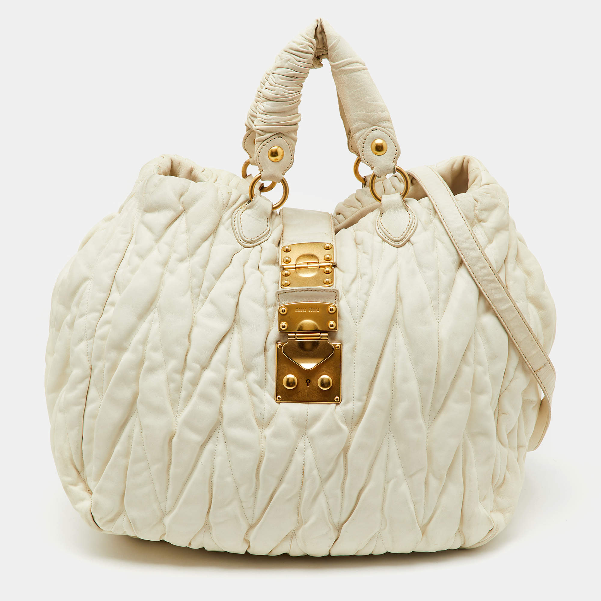 Miu Miu Cream Matelasse Leather Shopper Tote