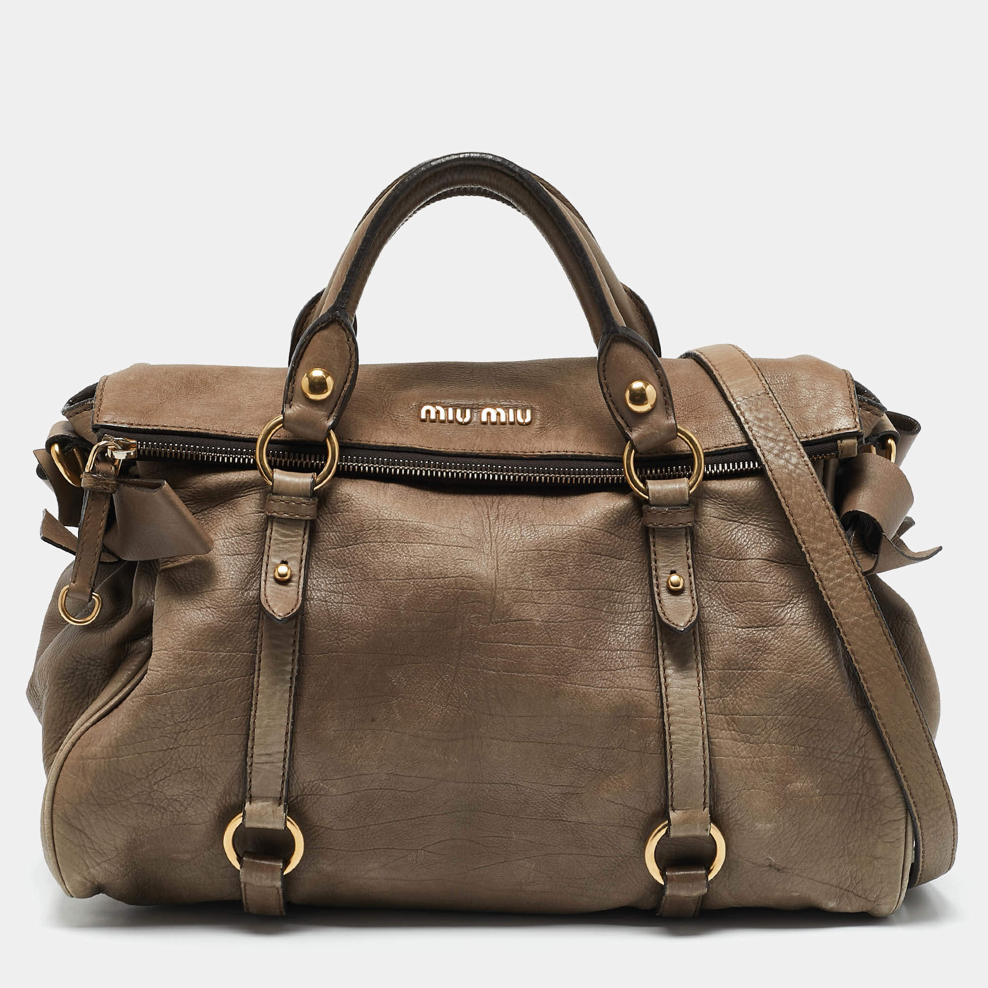 Pre Owned Miu Miu Beige Leather Bow Satchel