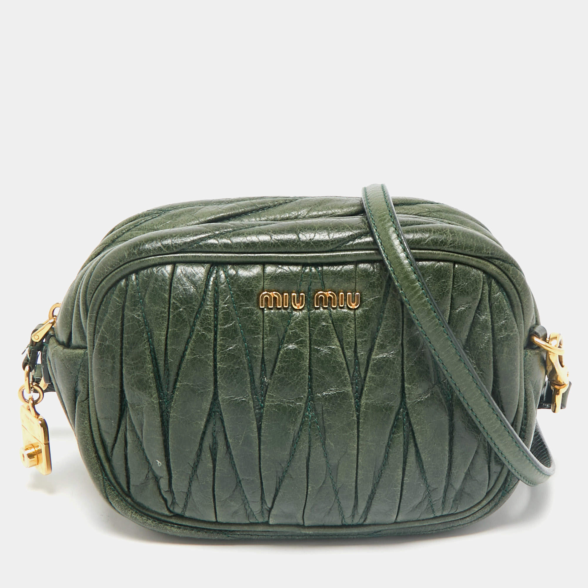 Miu Miu Dark Green Matelasse Leather Crossbody Bag