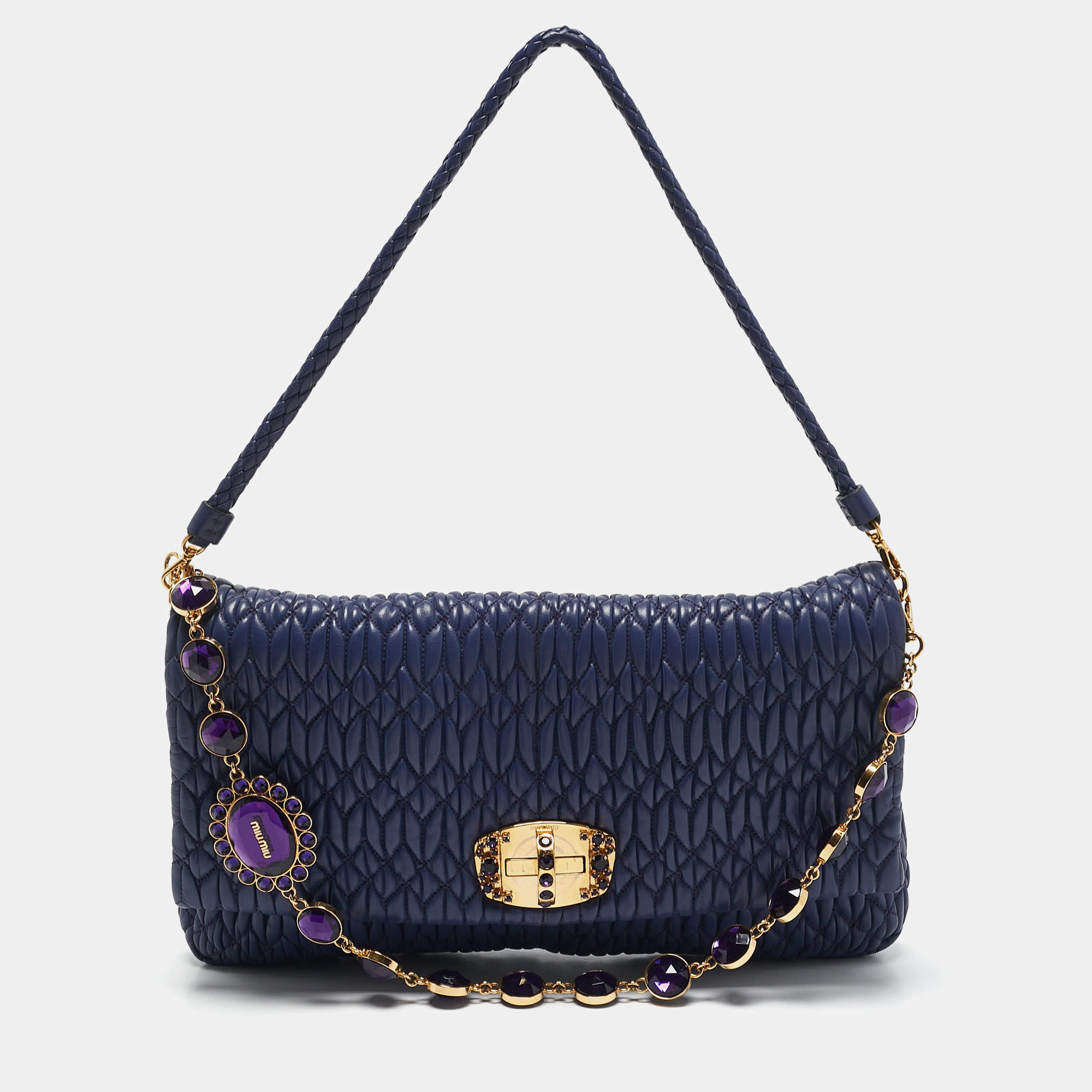 Miu Miu Purple Matelassé Nappa Leather Crystal Shoulder Bag