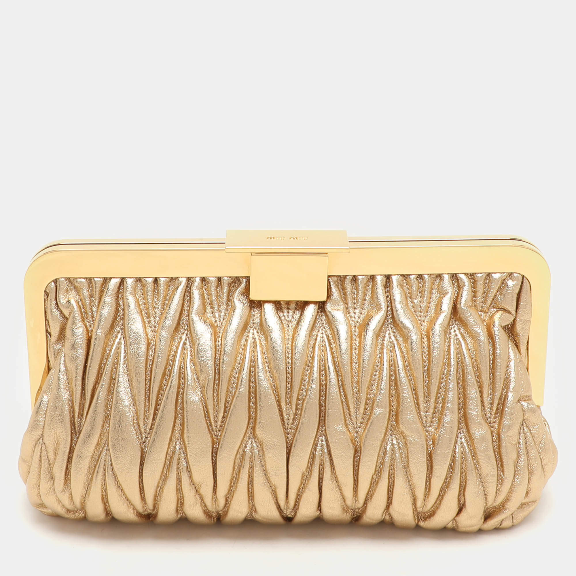 Miu Miu Gold Matelassé Leather Frame Clutch