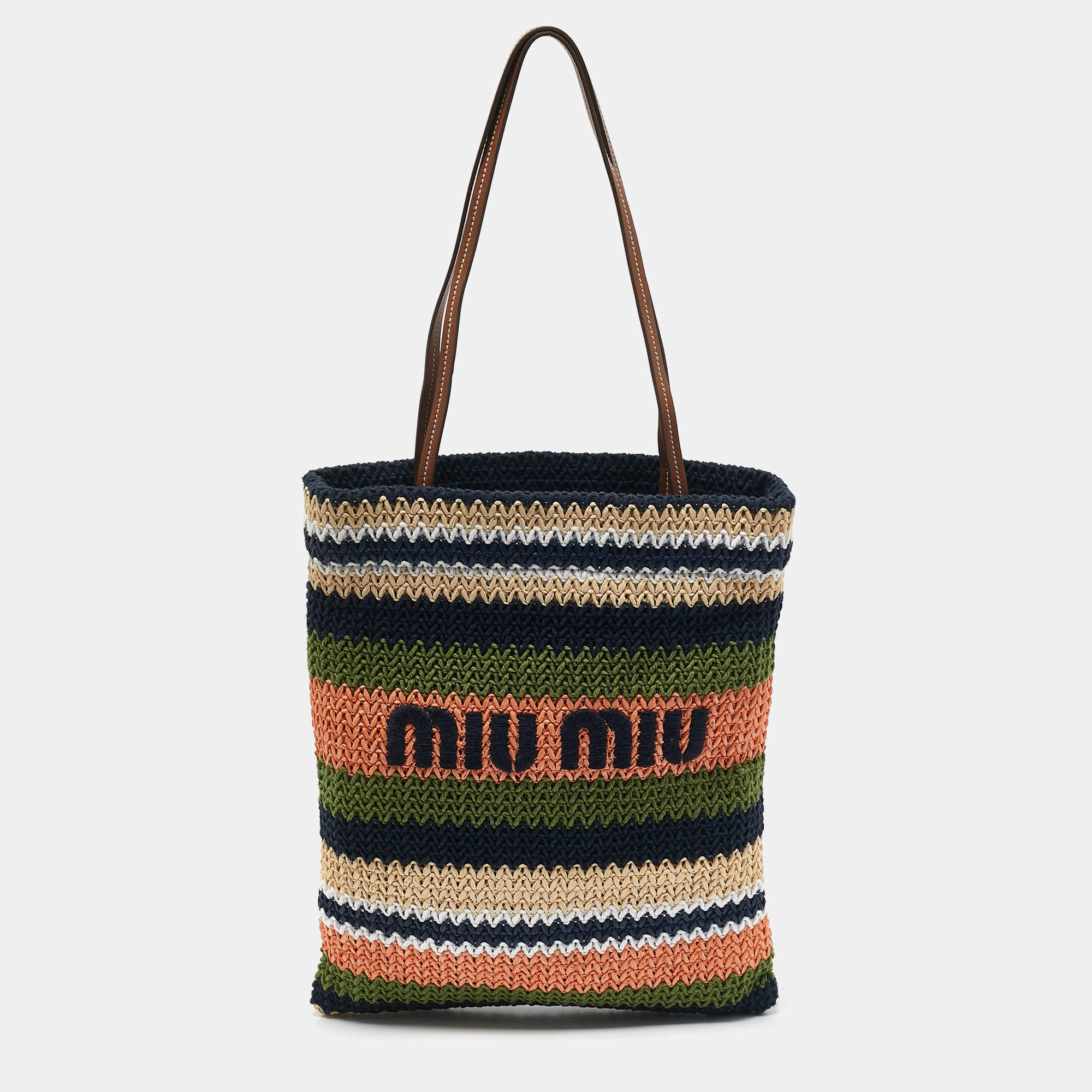 Miu Miu Multicolor Woven Raffia and Crochet Fabric Beach Tote
