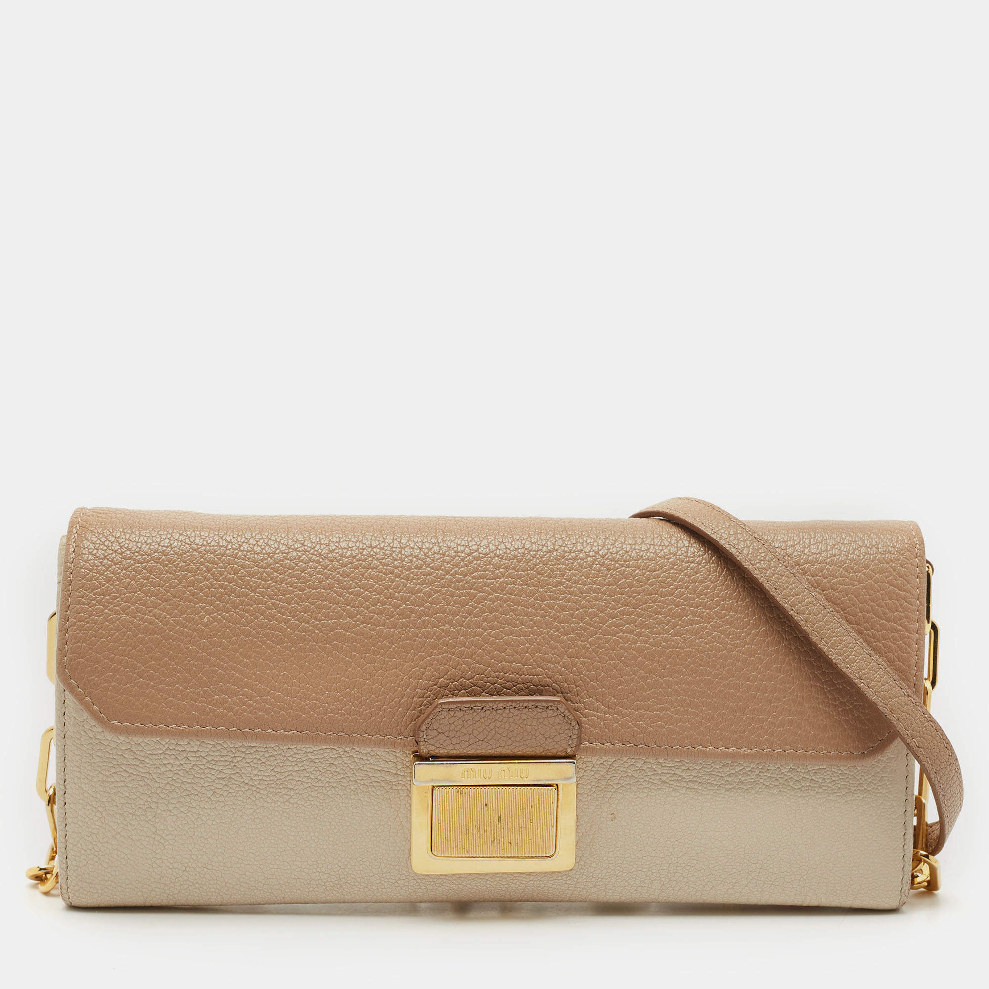 Miu Miu Two Tone Beige Leather Pushlock Flap Wallet on Chain