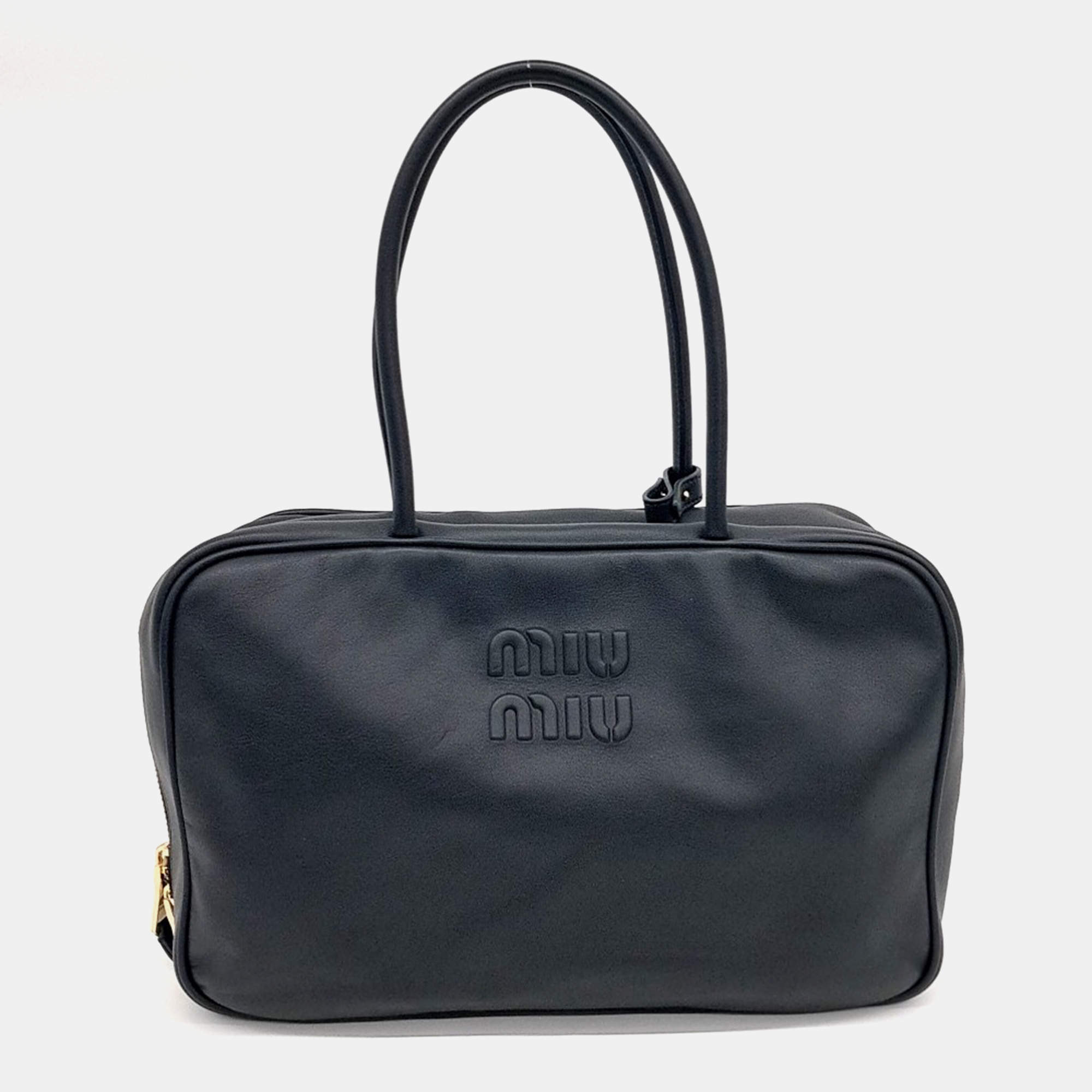 Miu Miu Black Leather Embossed Logo Bowling Bag