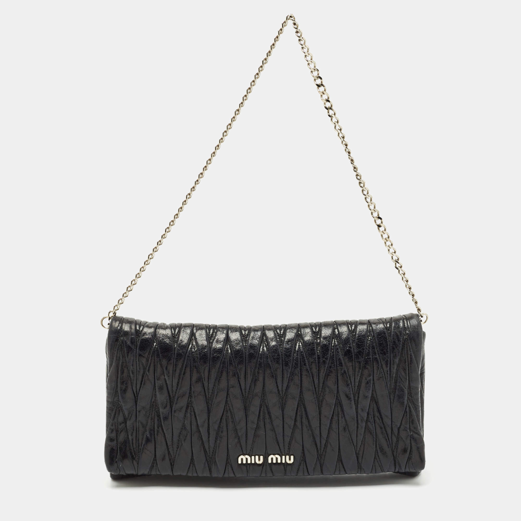 Pre Owned Miu Miu Black Matelassé Leather Flap Chain Clutch