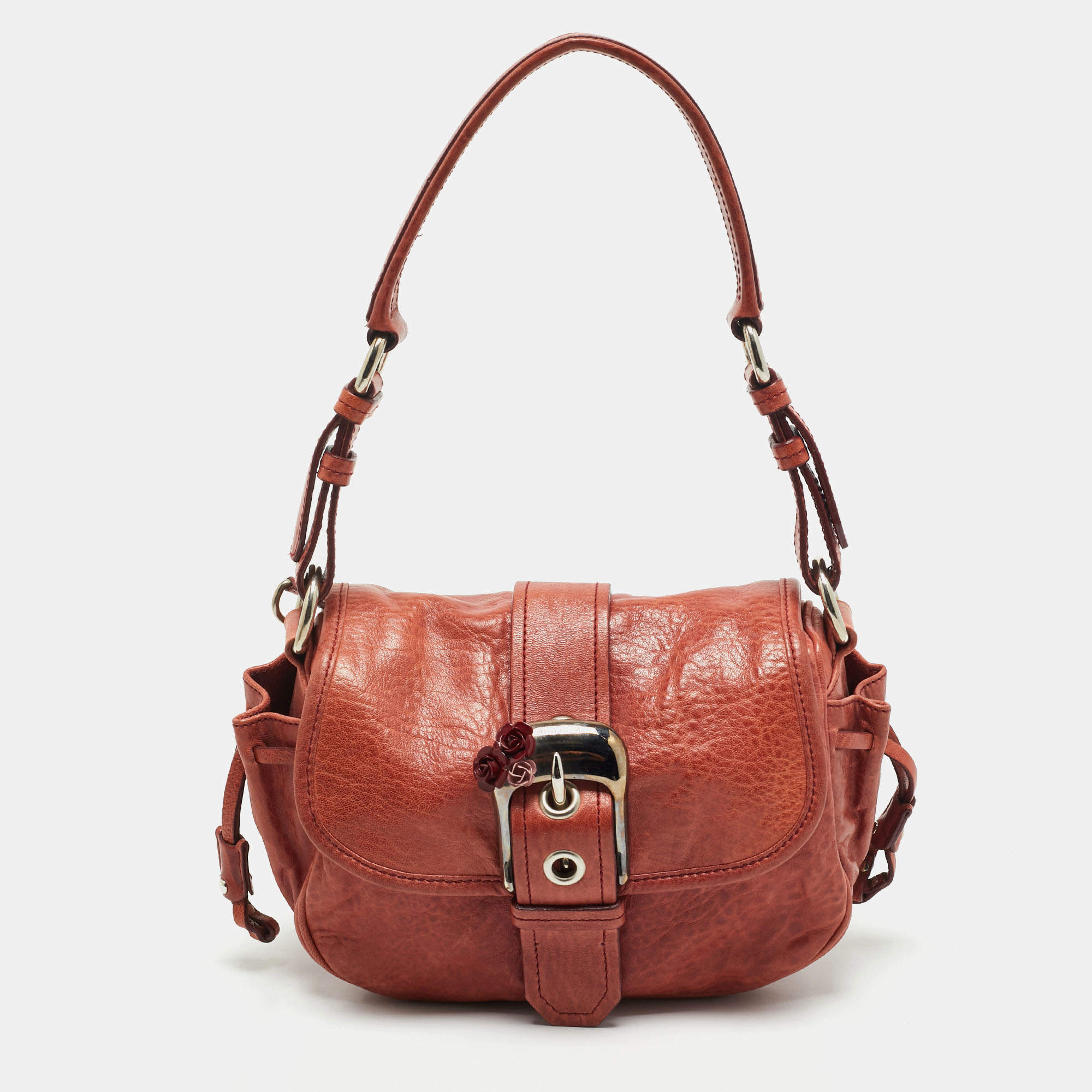 Pre Owned Miu Miu Brick Red Leather Embellished Buckle Flap Bag