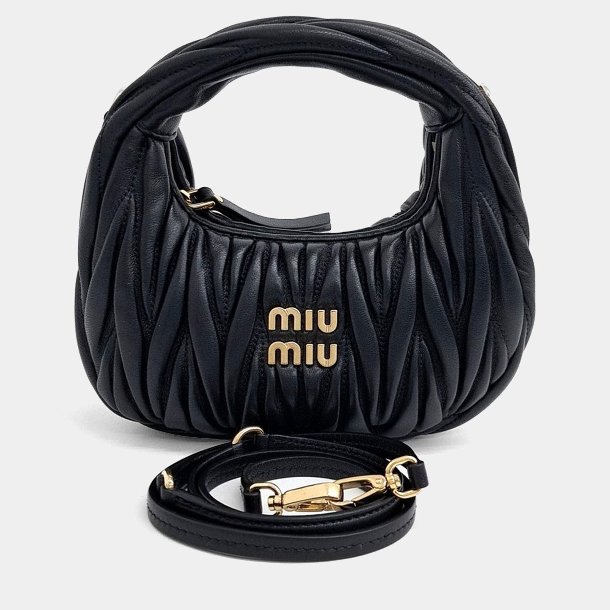 Miu Miu Black Leather Wander Matrasse Hobo Mini Bag