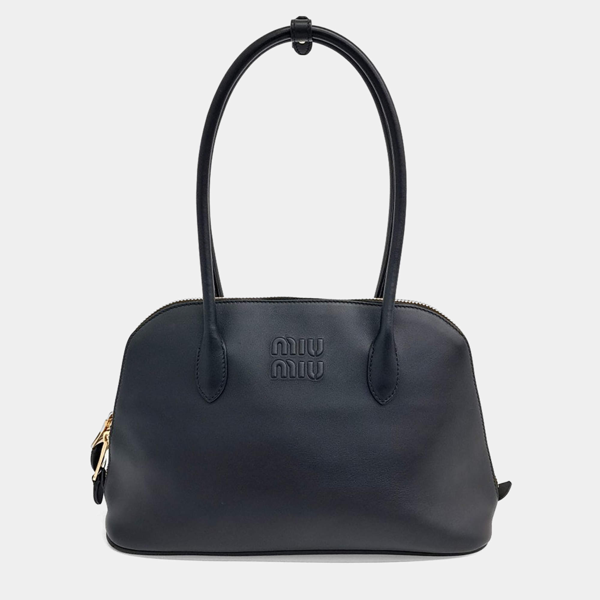 Miu Miu Black Leather Logo Embossed Top Handle Tote Bag Small