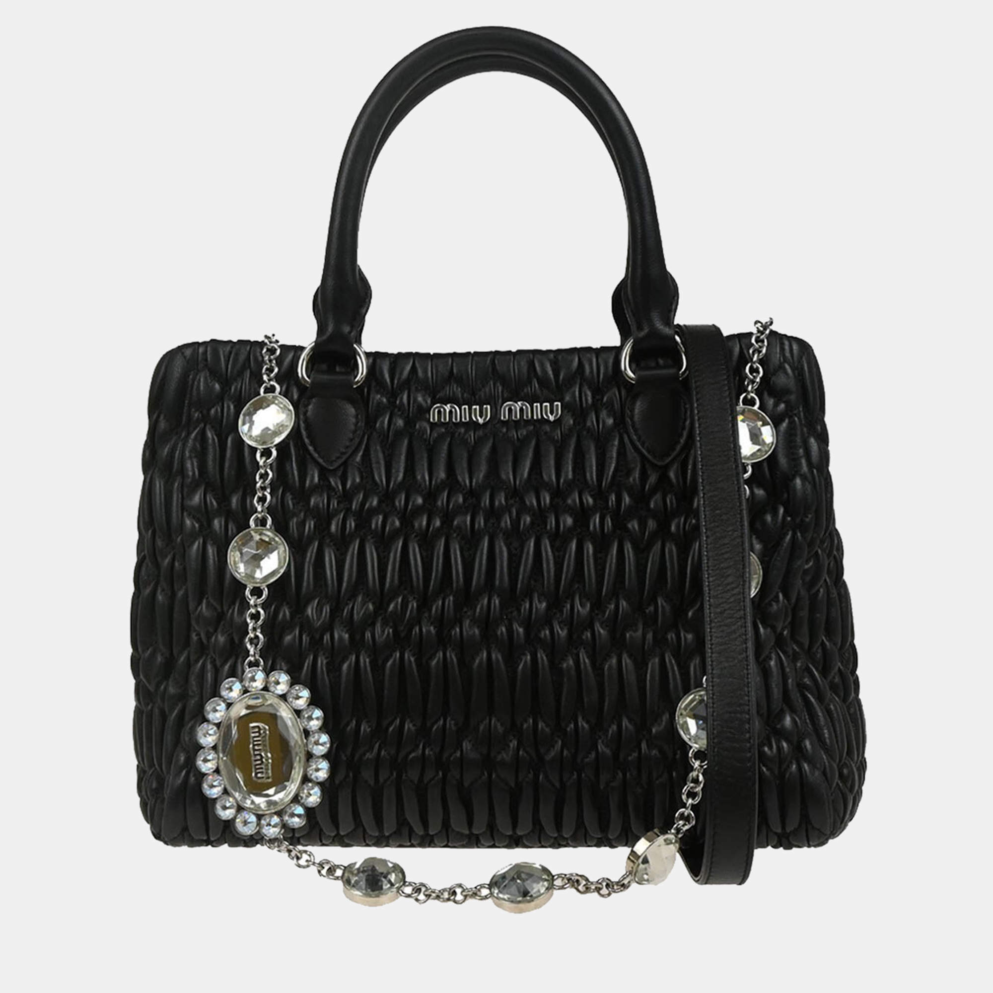 Miu Miu Crystal Black Lambskin Leather Tote Bag