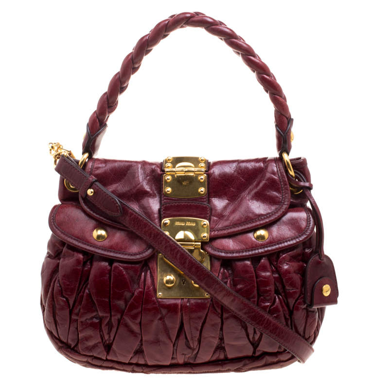 Pre Owned Miu Miu Burgundy Matelasse Lux Leather Small Coffer Hobo