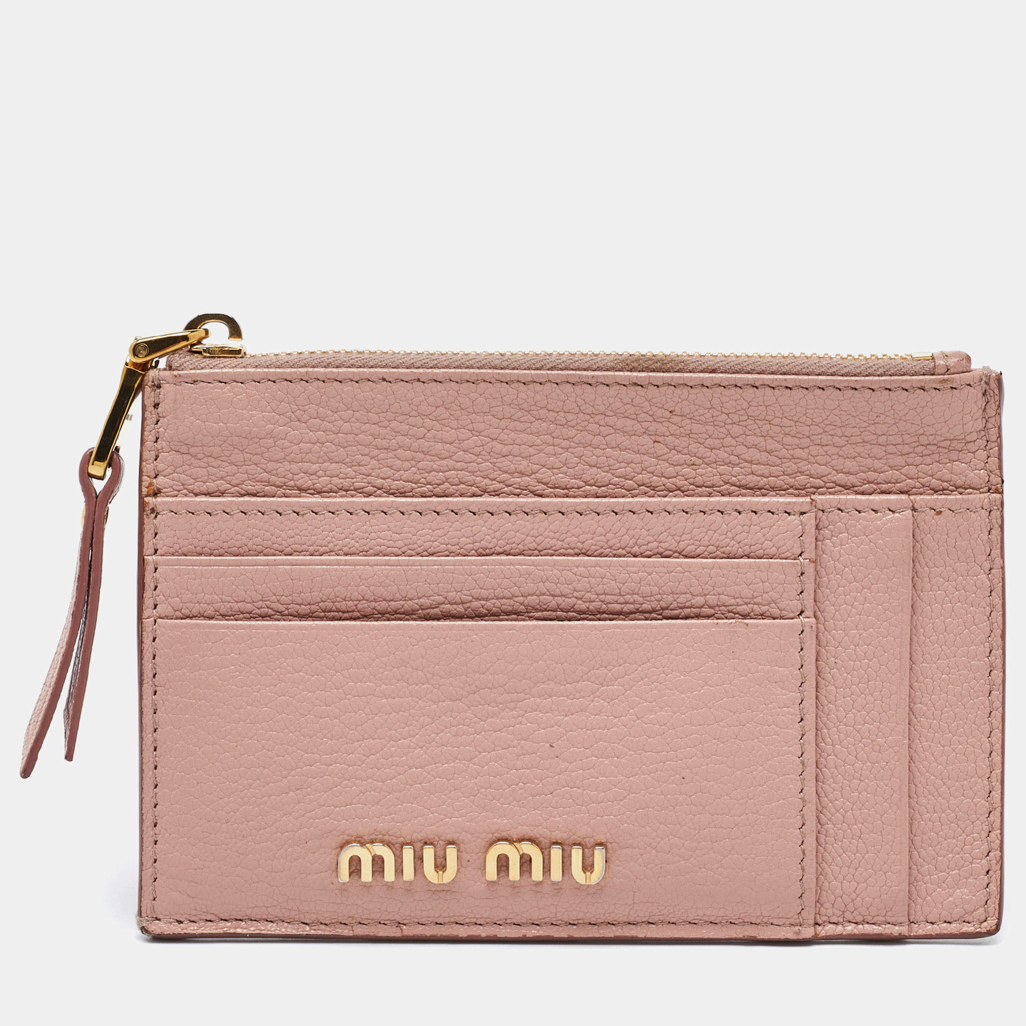 Pre Owned Miu Miu Light Pink Leather Madras Zip Card Case