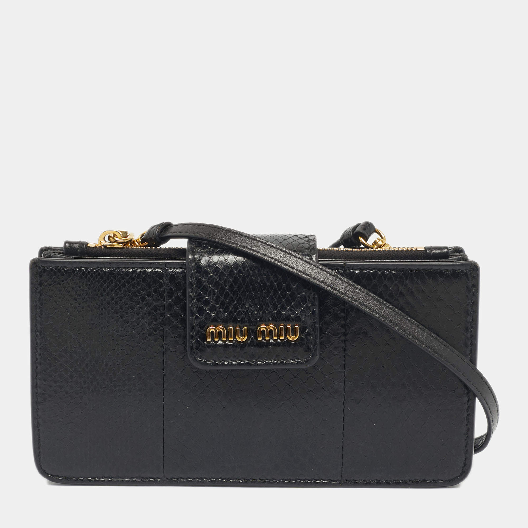 Pre Owned Miu Miu Black Snakeskin Embossed Leather Phone Wallet Crossbody Bag