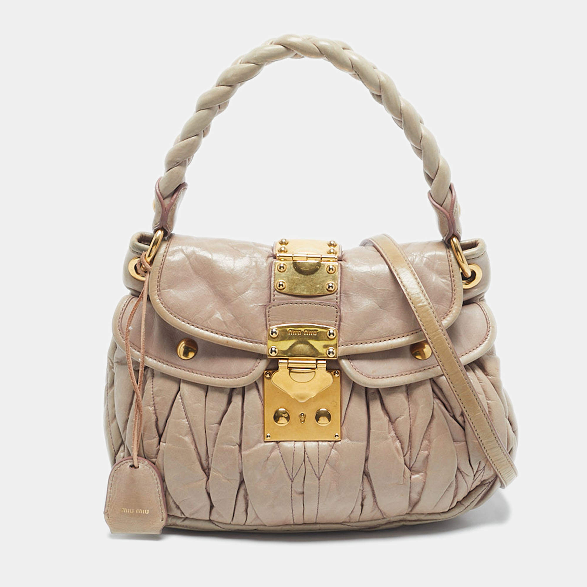 Pre Owned Miu Miu Pink Matelassé Lux Leather Small Coffer Hobo