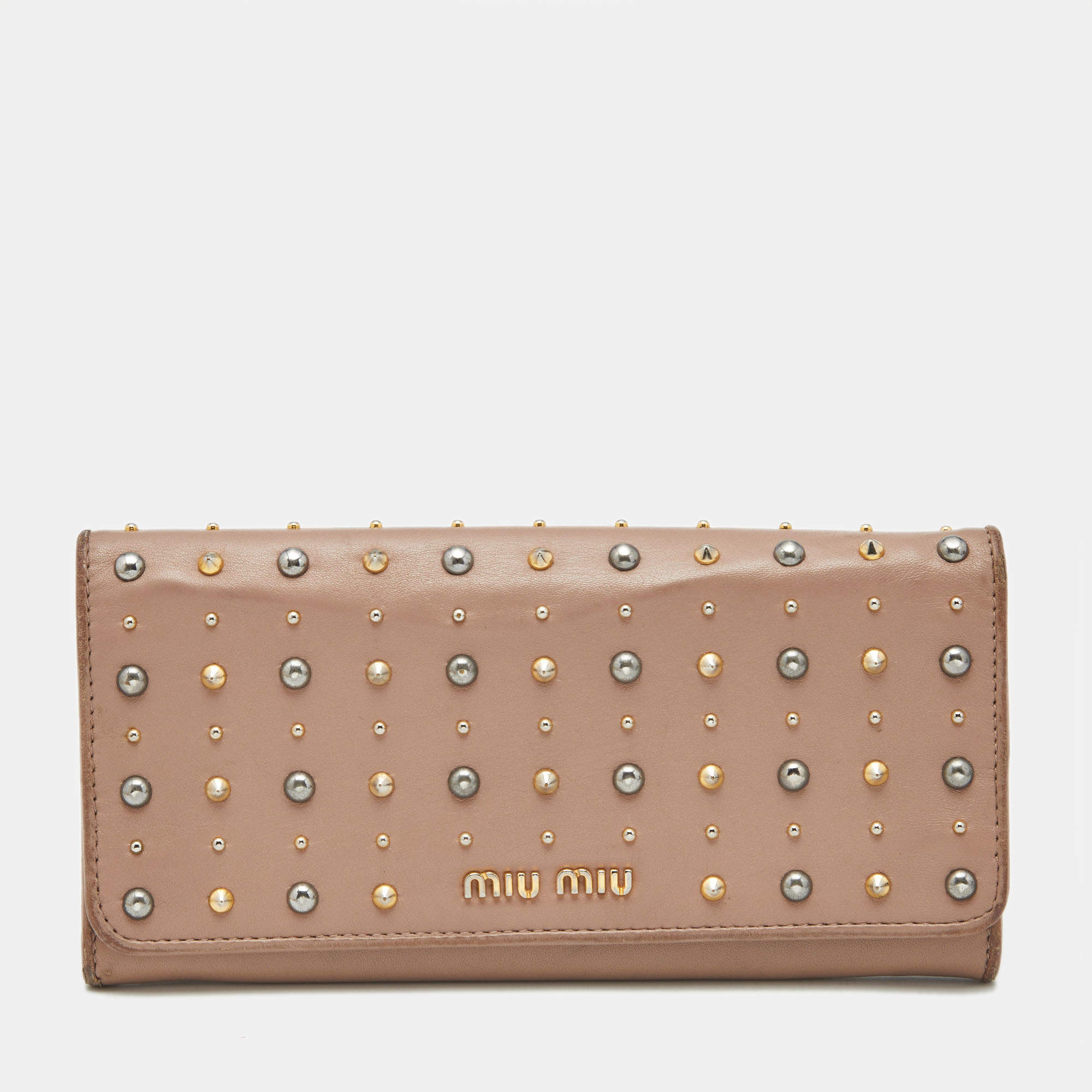 Pre Owned Miu Miu Mauve Leather Studded Flap Wallet