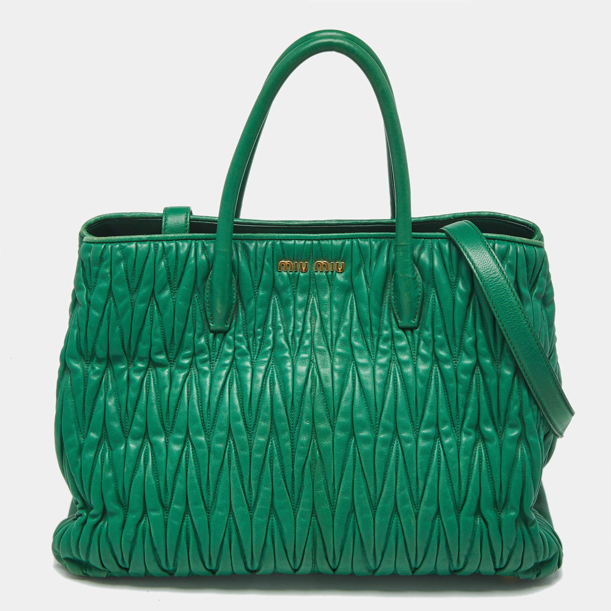 Pre Owned Miu Miu Green Matelassé Leather Snap Tote