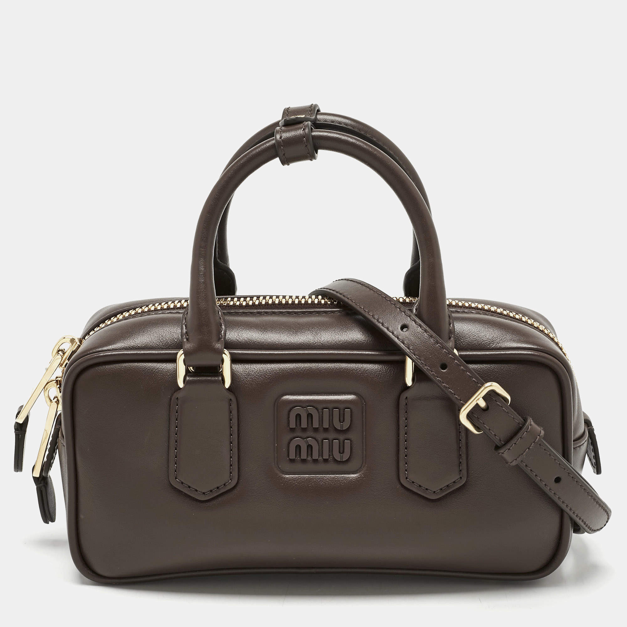 Pre Owned Miu Miu Cocoa Brown Padded Leather Arcadie Top Handle Bag