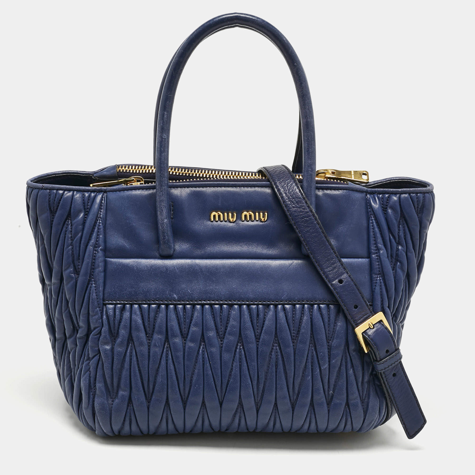 Pre Owned Miu Miu Blue Matelassé Leather Double Zip Tote