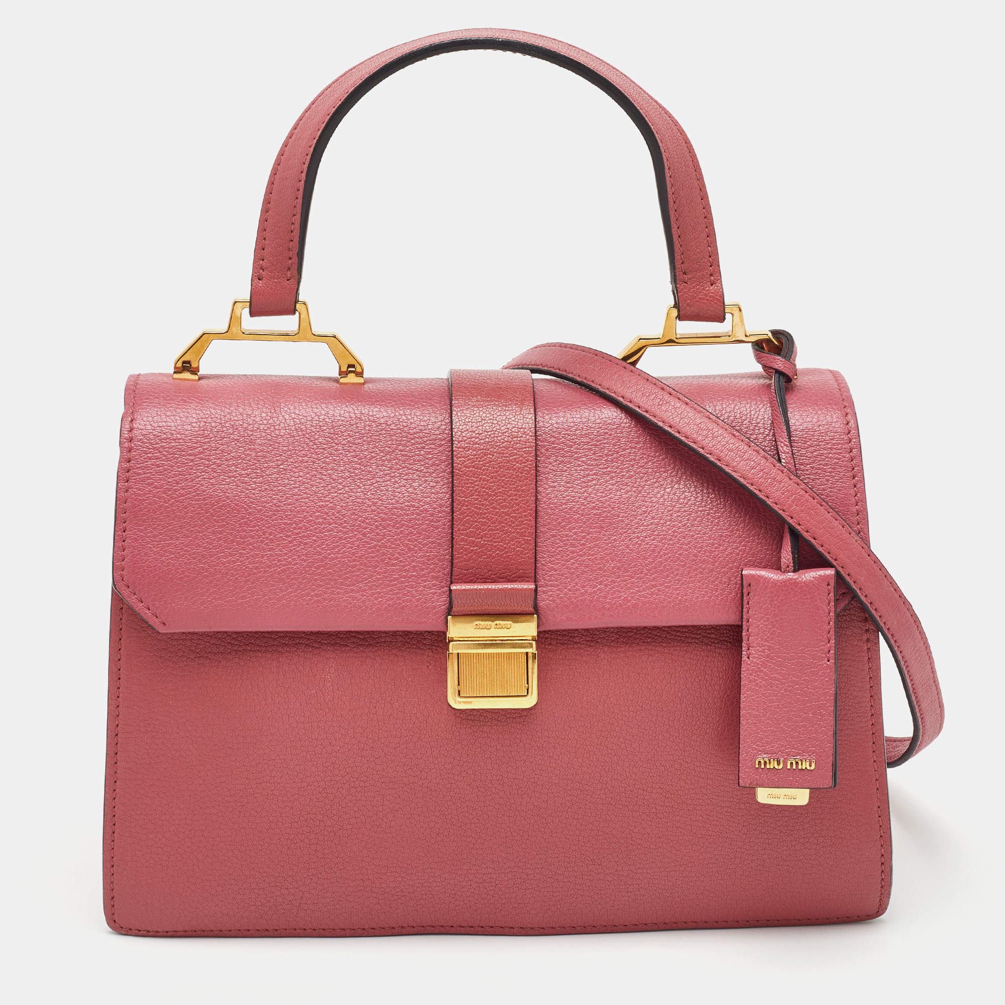 Pre Owned Miu Miu Rose Pink Madras Leather Pushlock Top Handle Bag