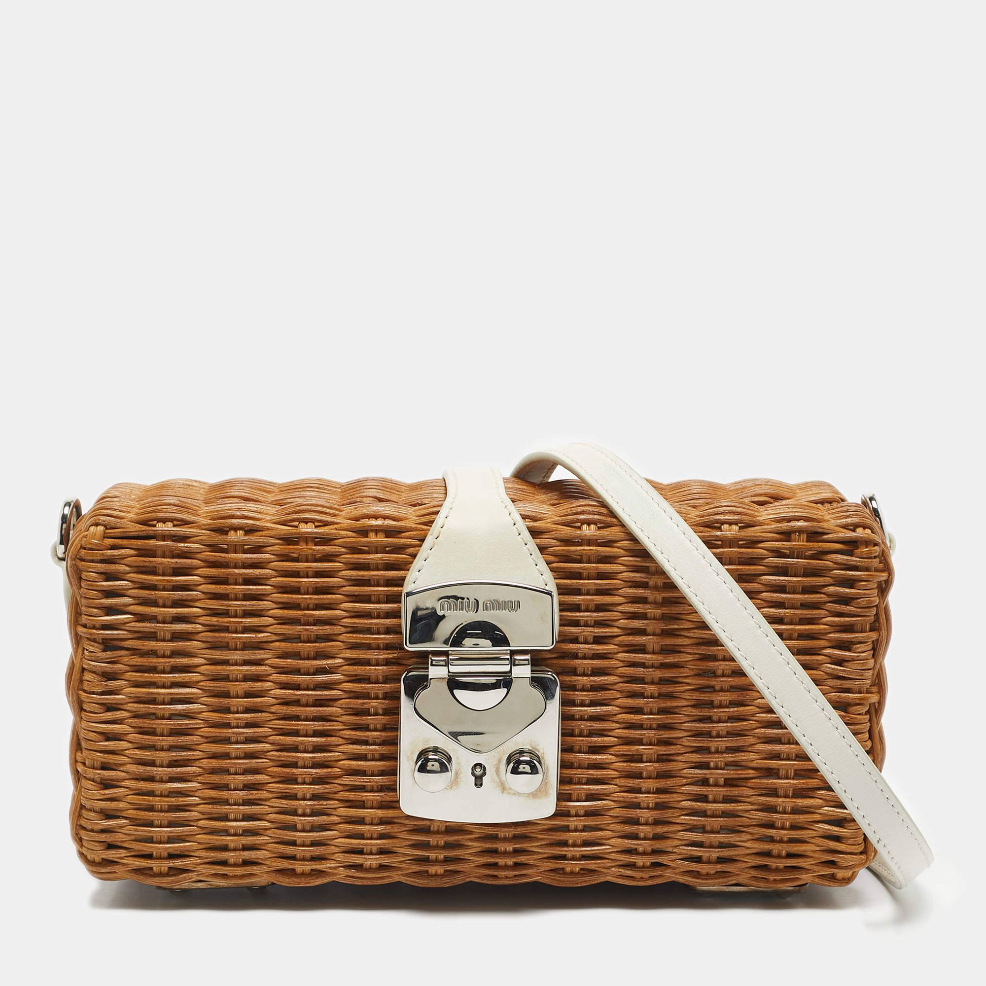 Pre Owned Miu Miu Brown/White Woven Rattan and Leather Clutch