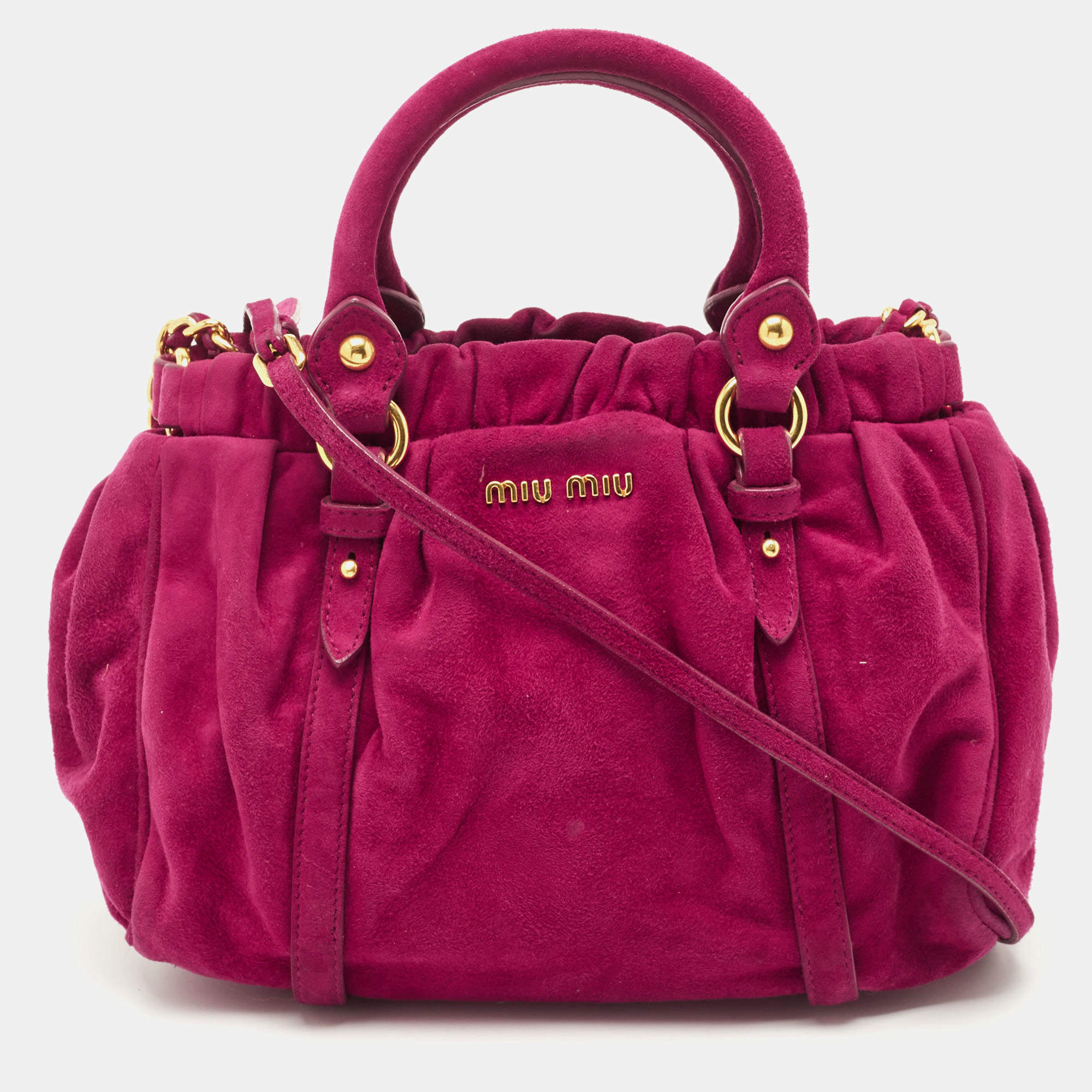 Pre Owned Miu Miu Magenta Suede Pleated Crossbody Bag