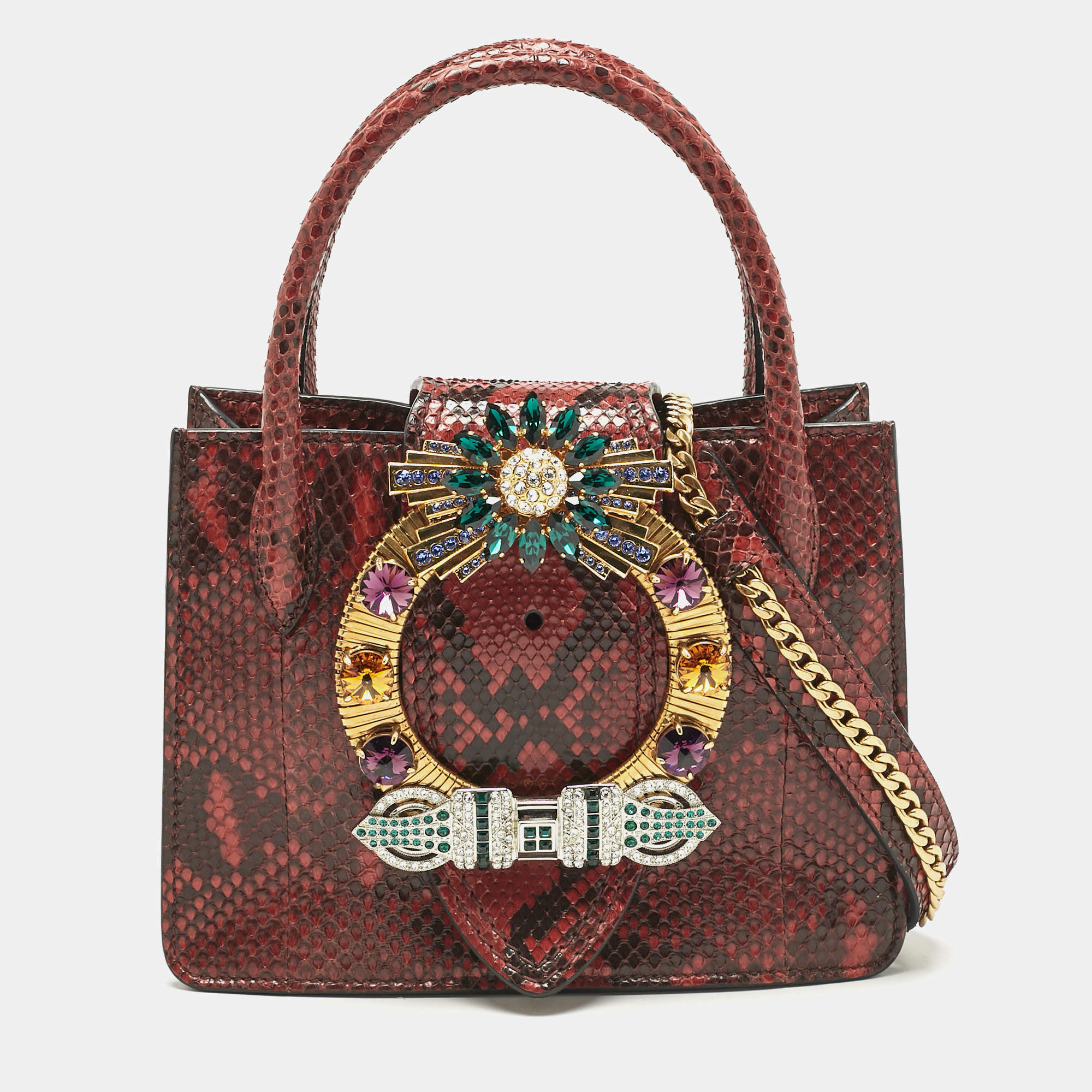 Pre Owned Miu Miu Red/Black Snakeskin Crystals Embellished Flap Tote