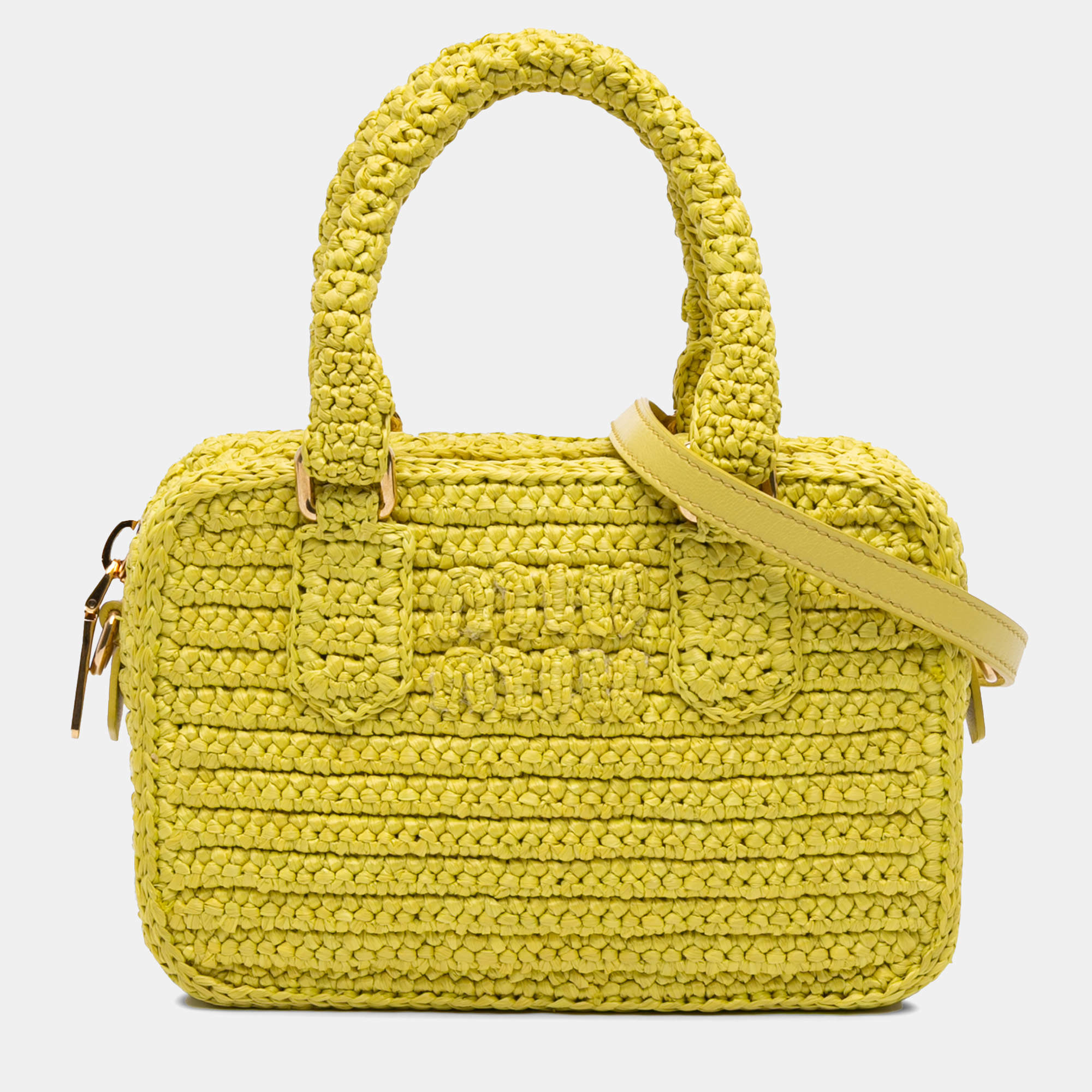 Pre Owned Miu Miu Yellow Raffia Crochet Arcadie Top Handle Bag