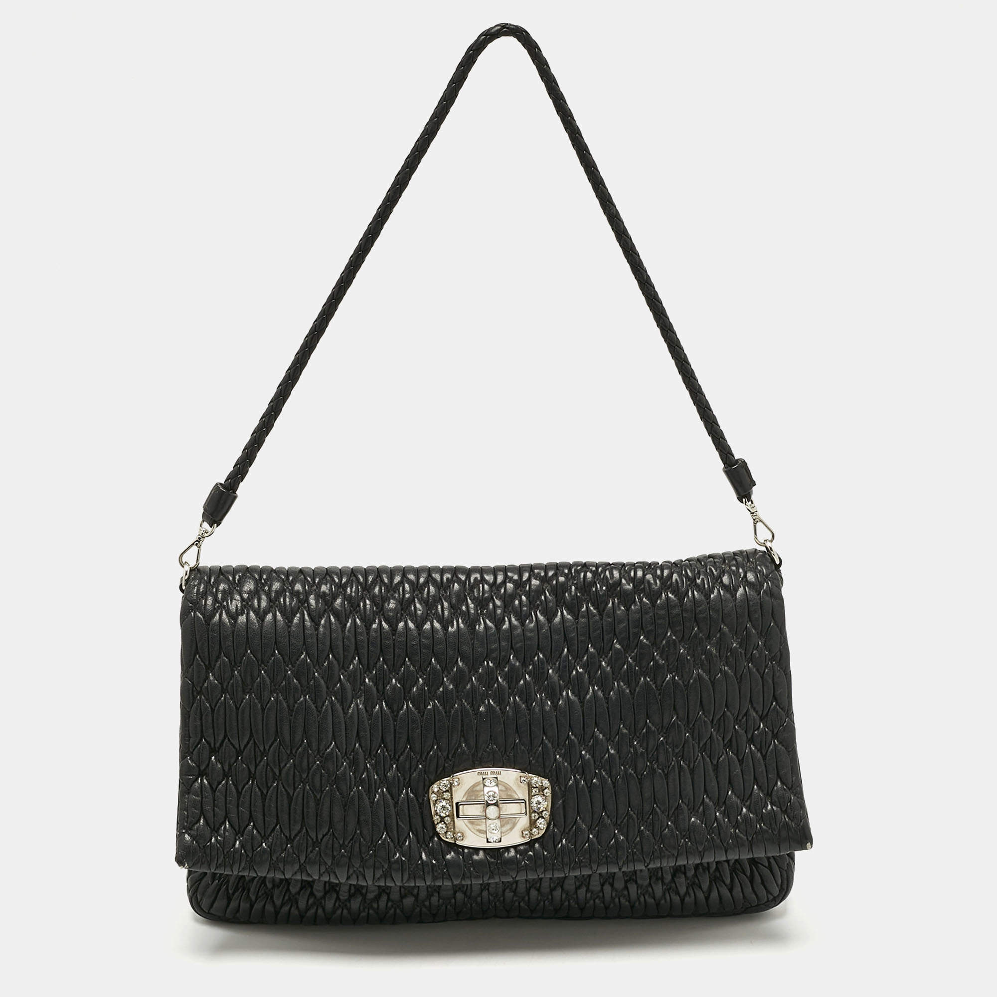 Pre Owned حقيبة كتف ميو ميو كريستال جلد نابا مبطنة سوداء