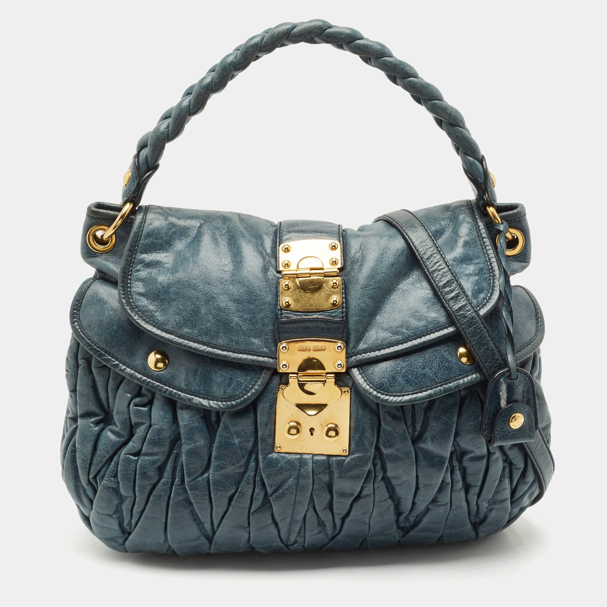 Pre Owned Miu Miu Navy Blue Matelasse Lux Leather Small Coffer Hobo