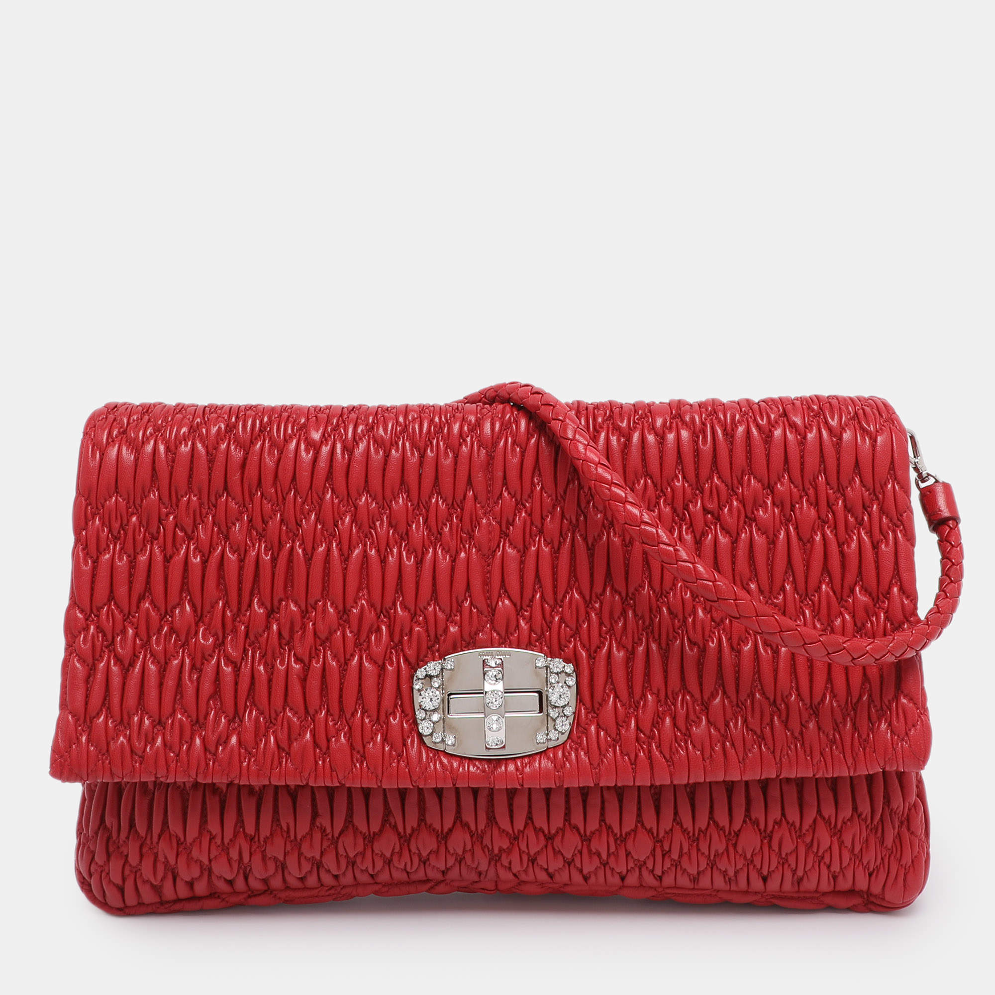 Pre Owned Miu Miu Red Matelassé Nappa Leather Crystal Shoulder Bag