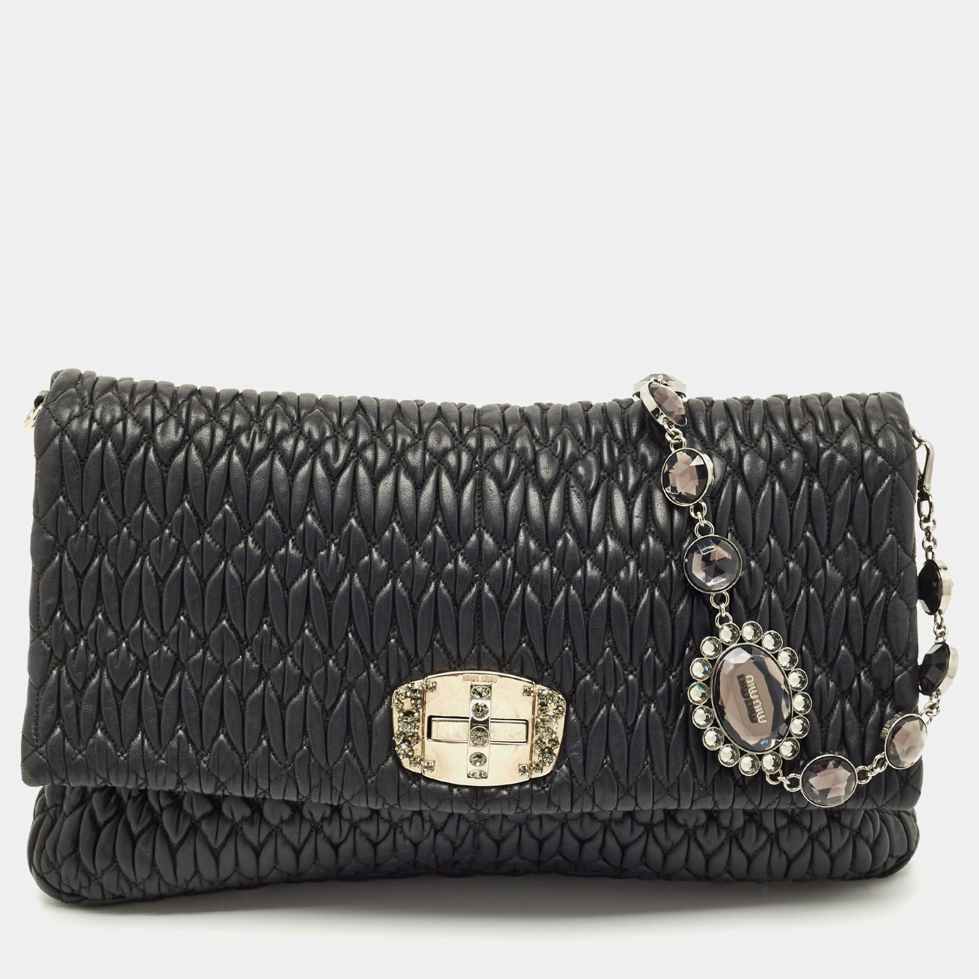 Pre Owned Miu Miu Black Matelassé Leather Crystals Chain Shoulder Bag