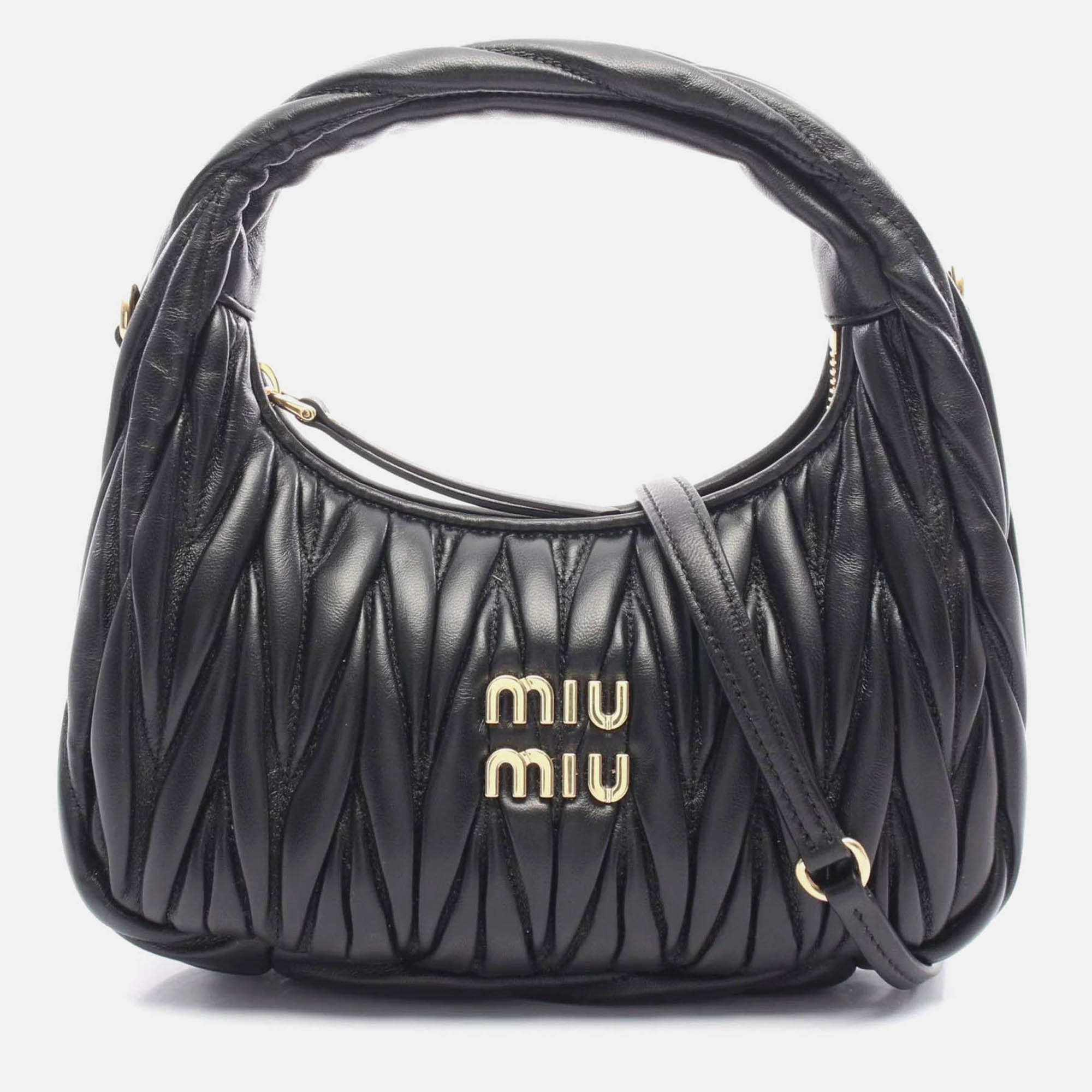 Pre Owned Miu Miu Miu Wonder Matelasse Black Leather Hobo Bag