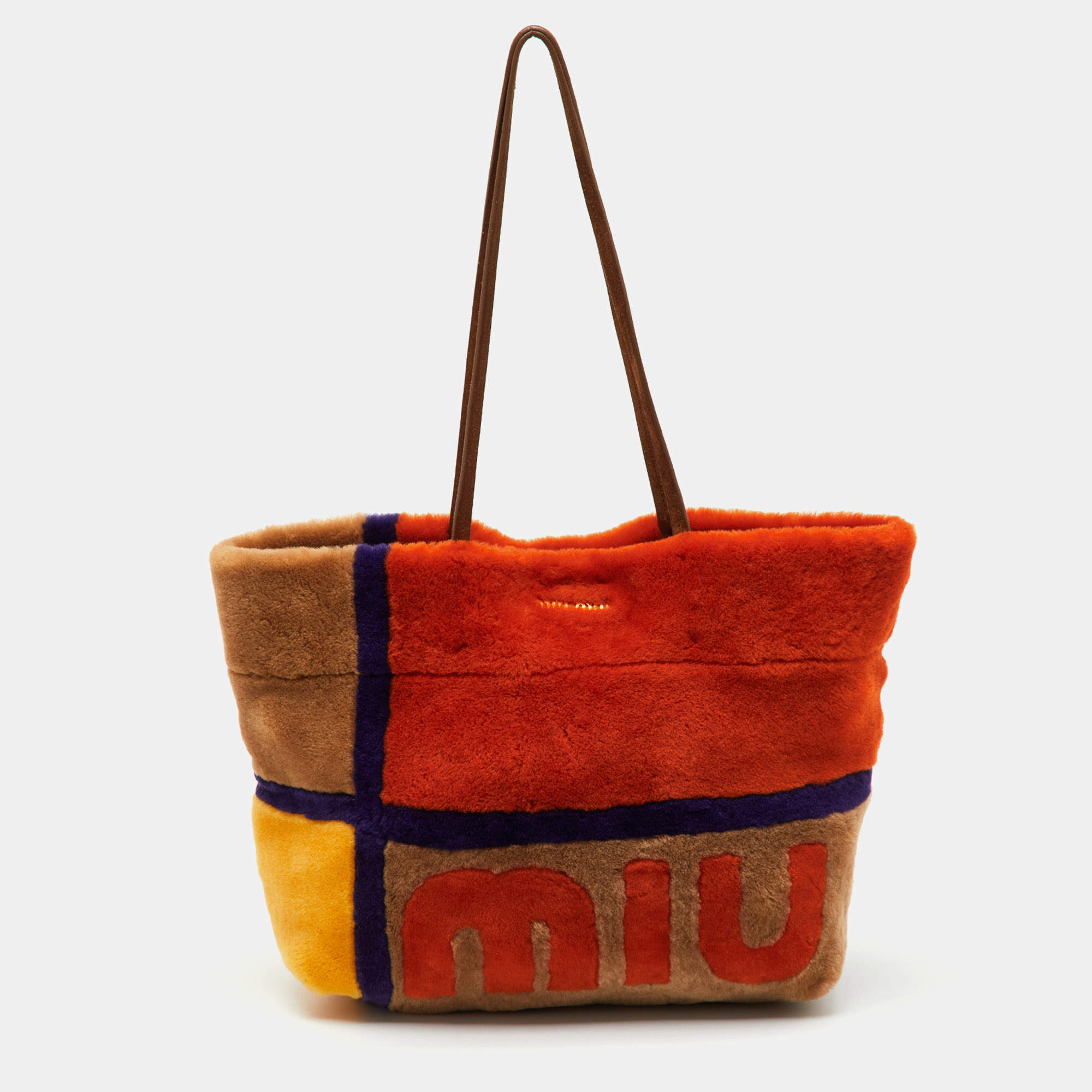 Pre Owned Miu Miu Multicolor Shearling Fur and Suede Logo Colorblock Tote